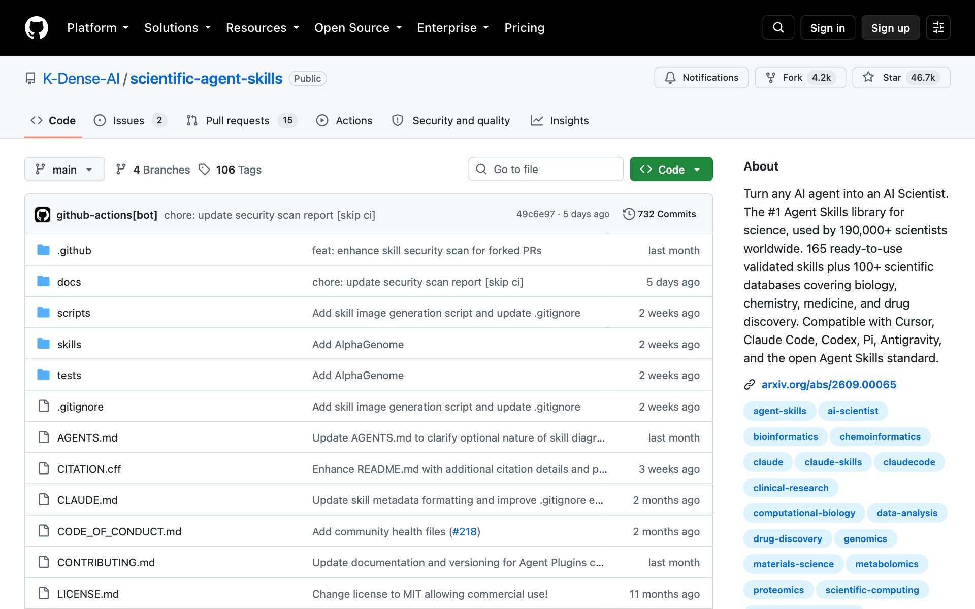 The scientific-agent-skills repo page on GitHub, with 46.7k stars