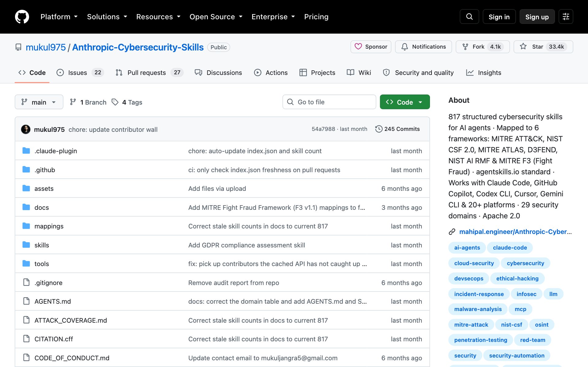 The Anthropic-Cybersecurity-Skills repo page on GitHub, with 33.4k stars