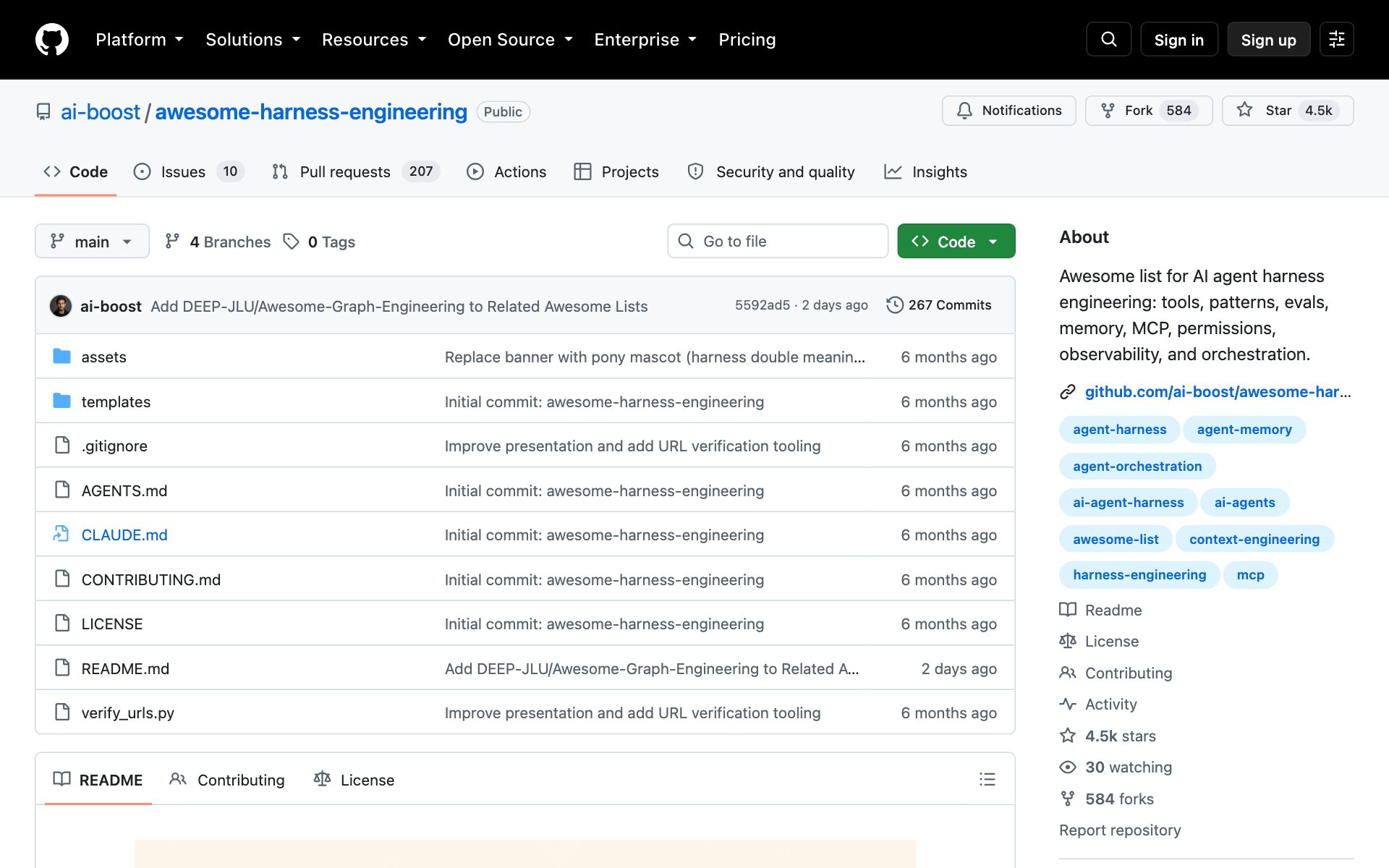The awesome-harness-engineering repo page on GitHub, with its templates folder and 4.5k stars