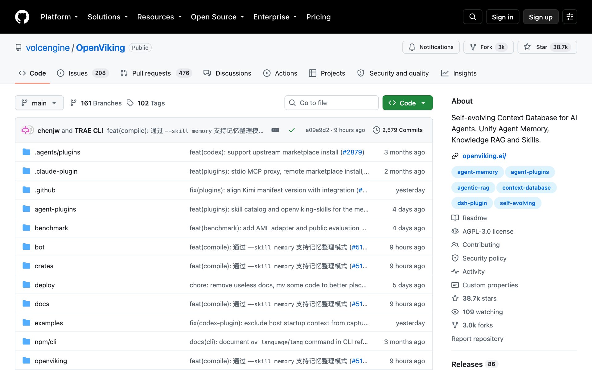 The OpenViking repo page on GitHub: a context database for AI agents, 38.7k stars