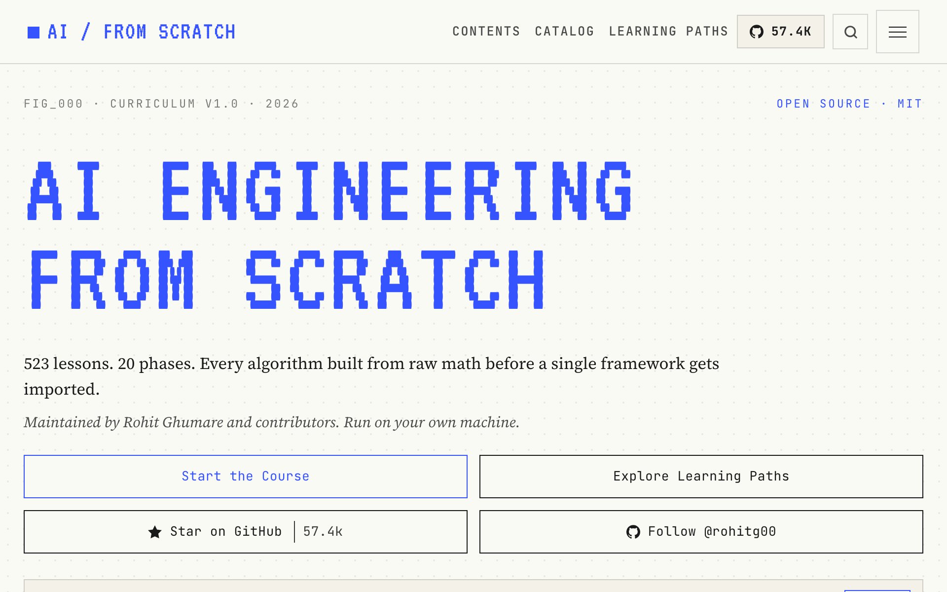 The AI Engineering from Scratch website: 523 lessons, 20 phases, with Start the Course and Explore Learning Paths buttons
