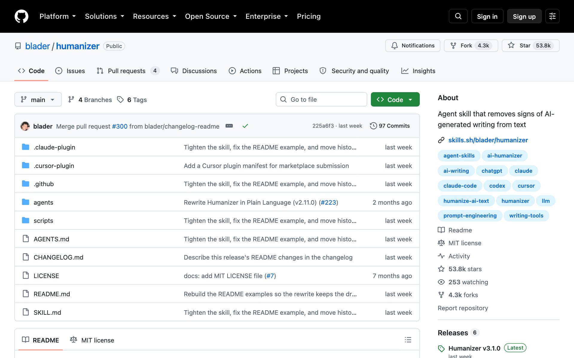 The blader/humanizer repo on GitHub with over 53,000 stars