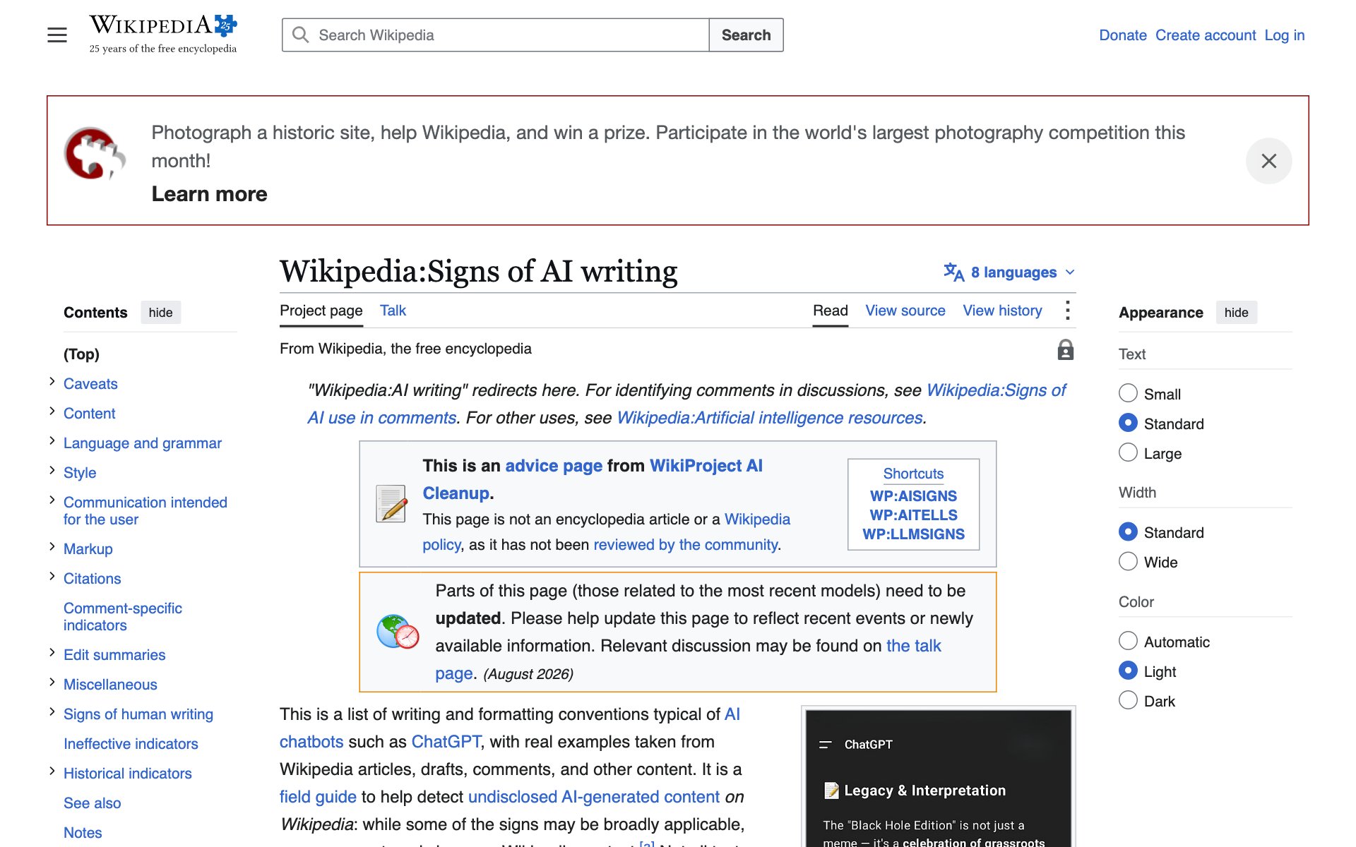 The Wikipedia page Signs of AI writing, an advice page from WikiProject AI Cleanup