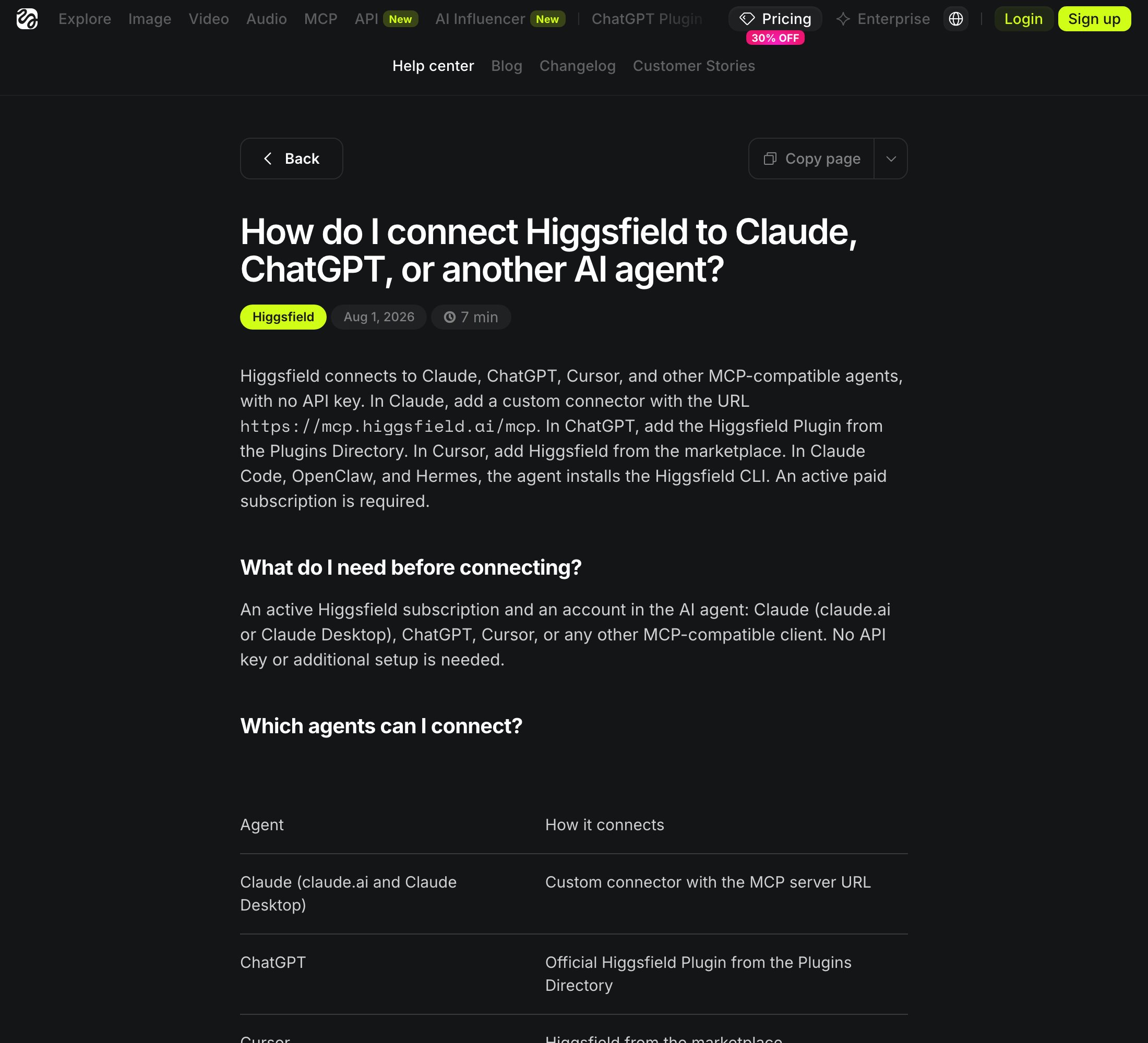 Higgsfield's help page showing the steps to connect Higgsfield to Claude