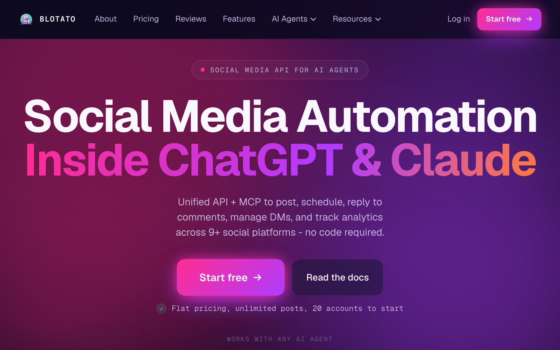 The Blotato home page: social media automation inside ChatGPT and Claude, across 9+ social platforms