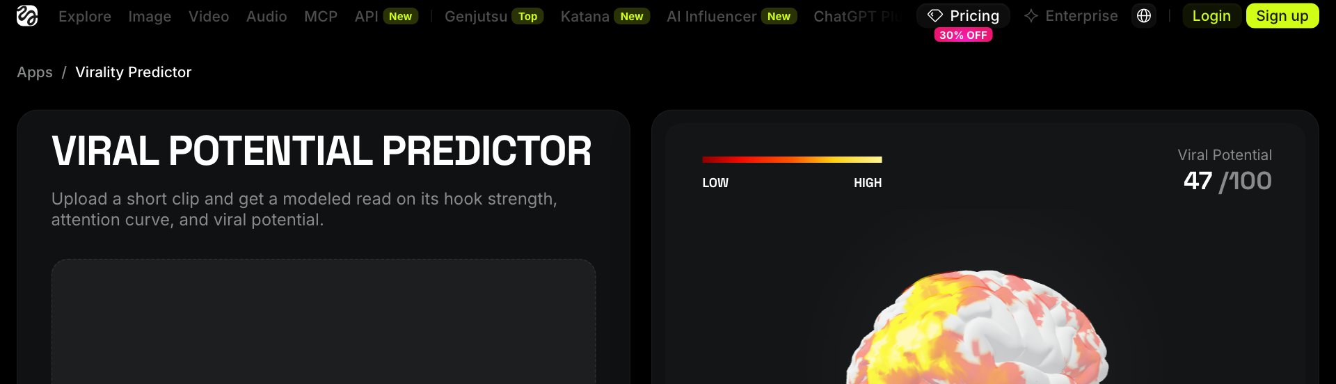 Higgsfield's Virality Predictor app page
