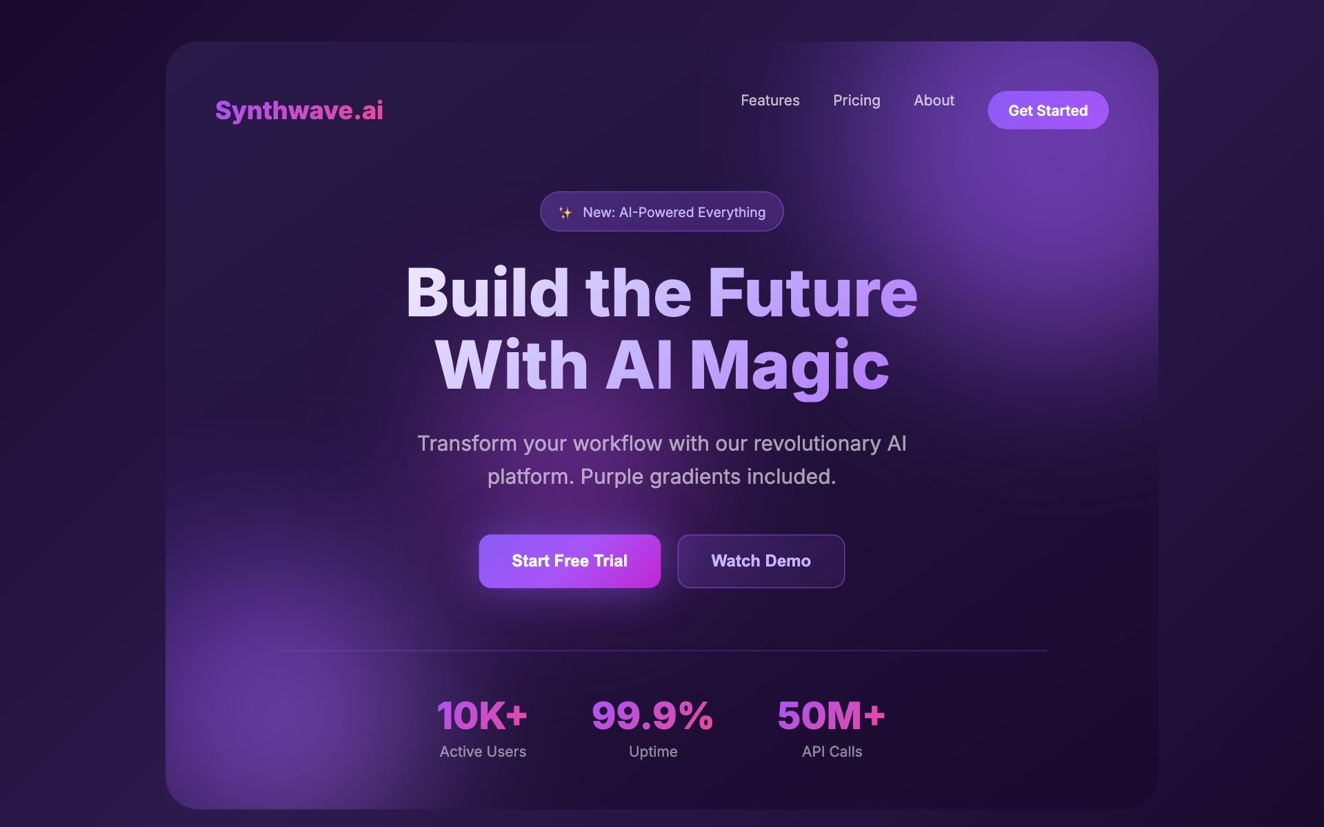 A sample AI-made landing page with a purple gradient headline, glowing buttons and a row of big stats