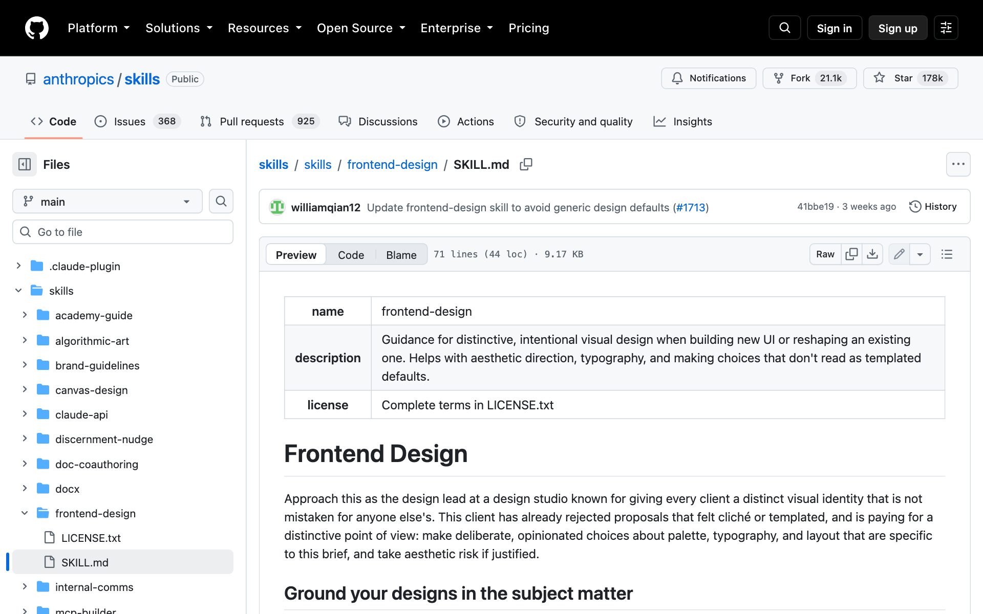 The Frontend Design skill file on Anthropic's skills page, opening with 'Approach this as the design lead at a design studio'