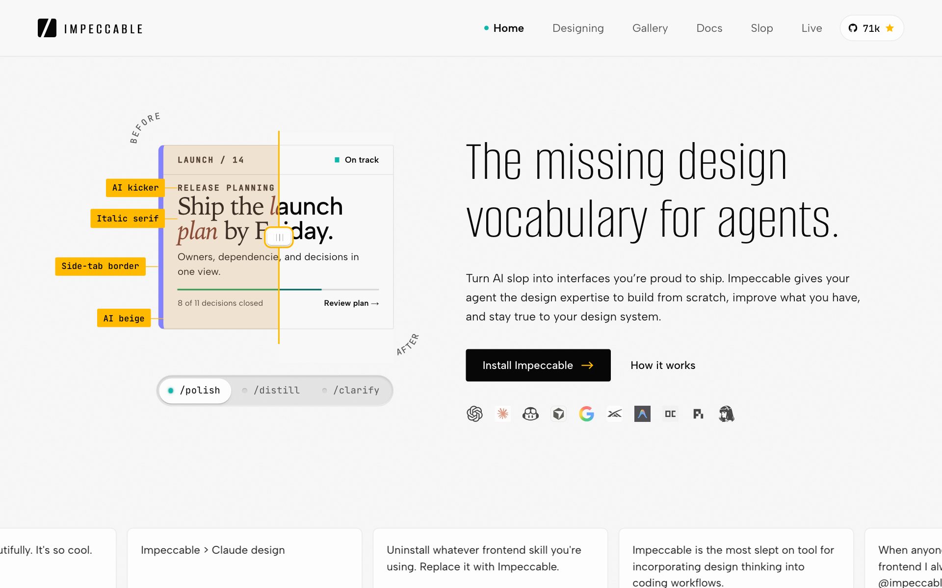 The Impeccable website hero: 'The missing design vocabulary for agents' next to a before and after card labeled with AI tells