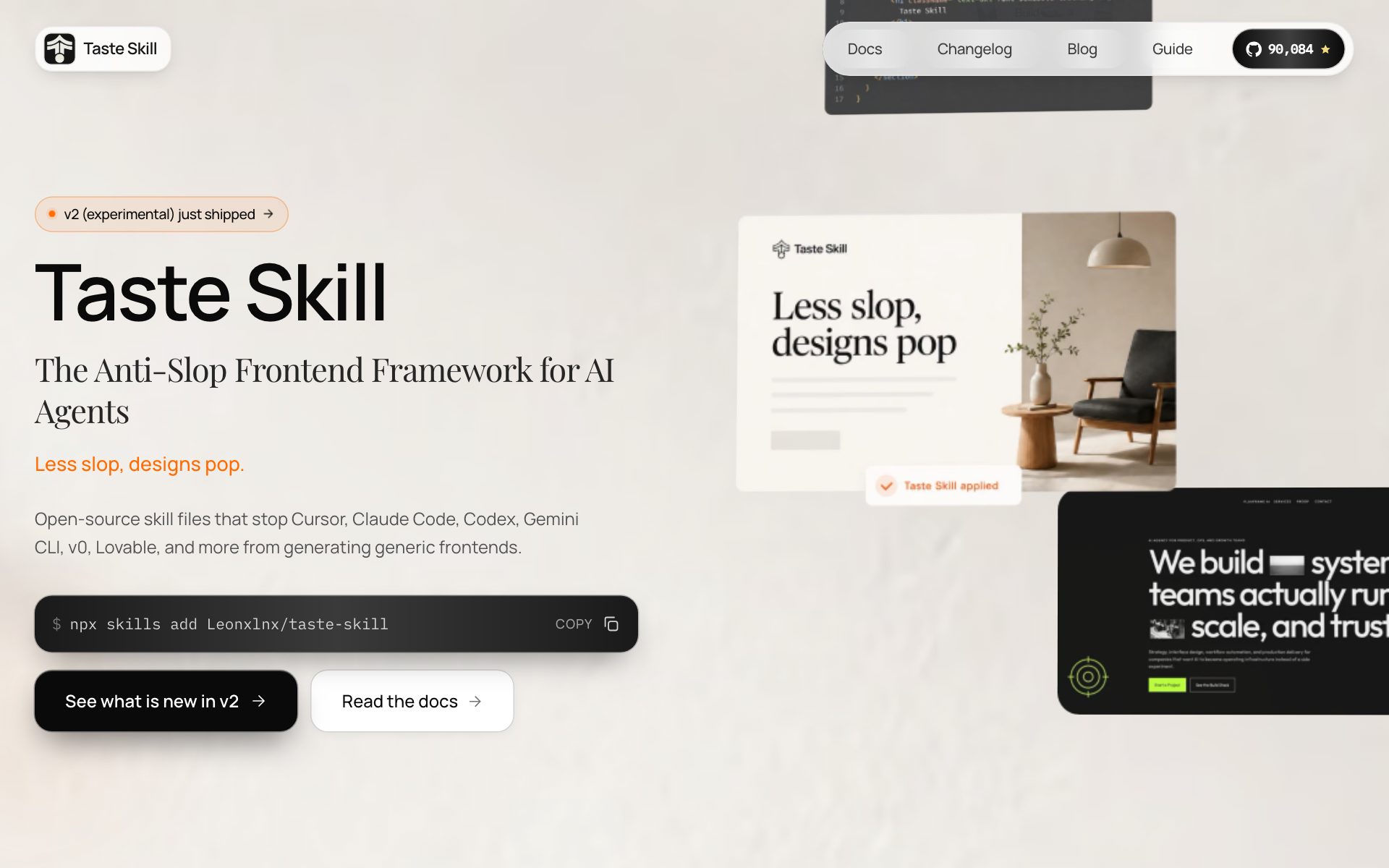 The Taste Skill website hero: 'The Anti-Slop Frontend Framework for AI Agents' with a 90,084 star count