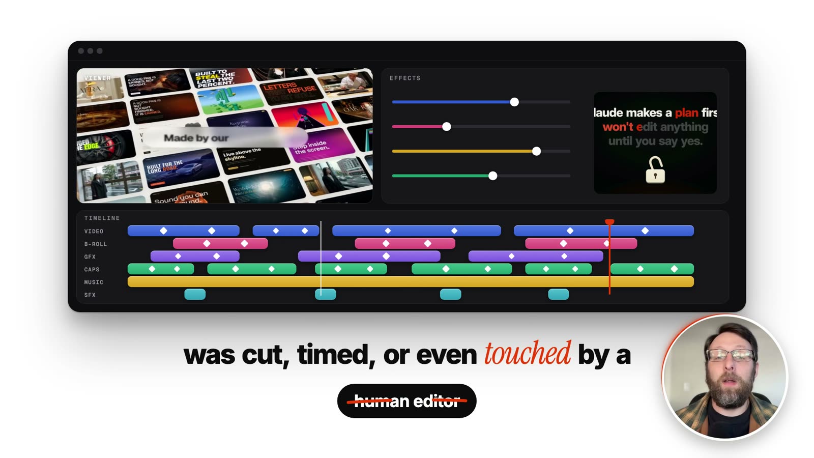 The editor timeline from the video's intro, with colour-coded video, graphics, captions and music tracks all built by Claude