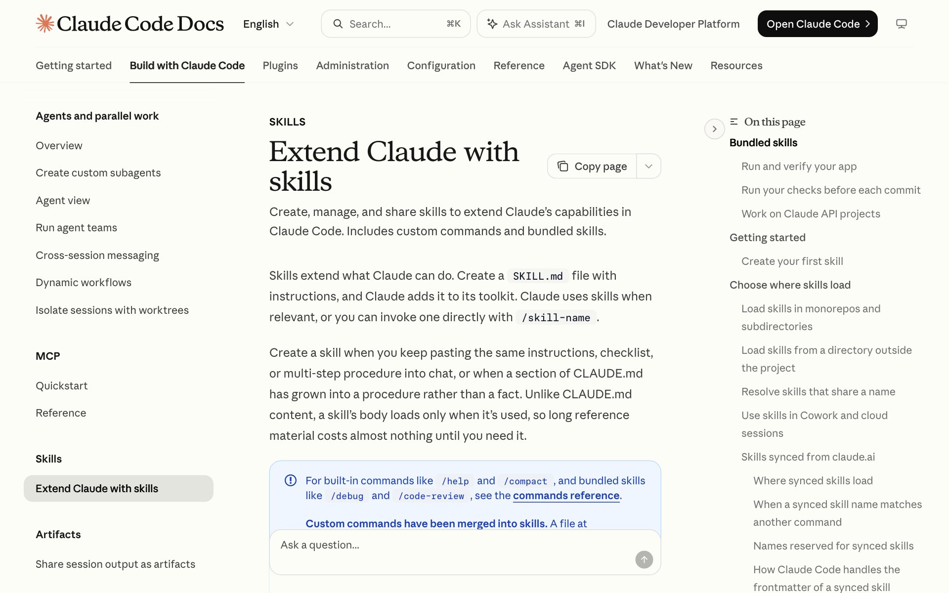 The Claude Code docs page called Extend Claude with skills