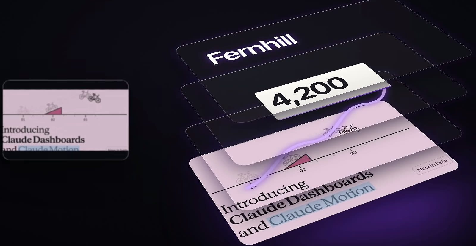 Layered cards showing a number and a chart animating, next to the Claude Dashboards and Claude Motion announcement