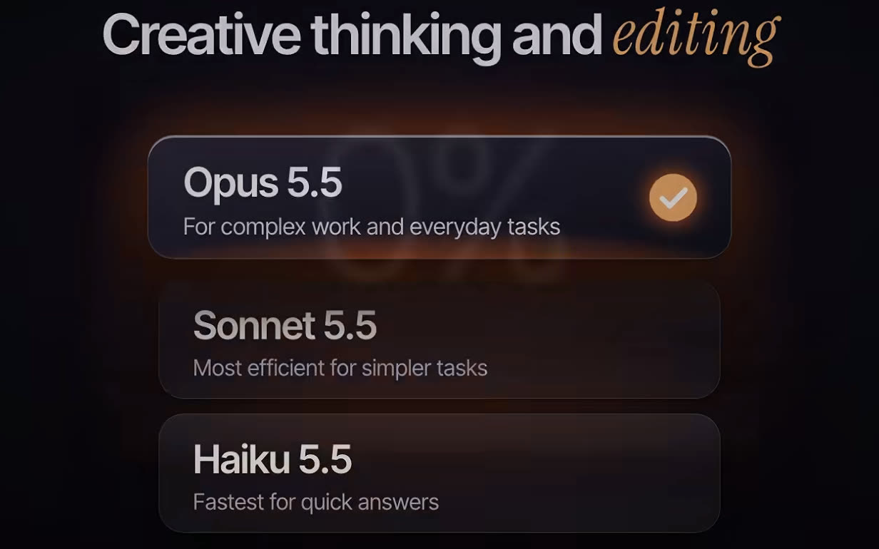 The Claude model picker listing Opus 5.5 for complex work, Sonnet 5.5 for simpler tasks and Haiku 5.5 for quick answers