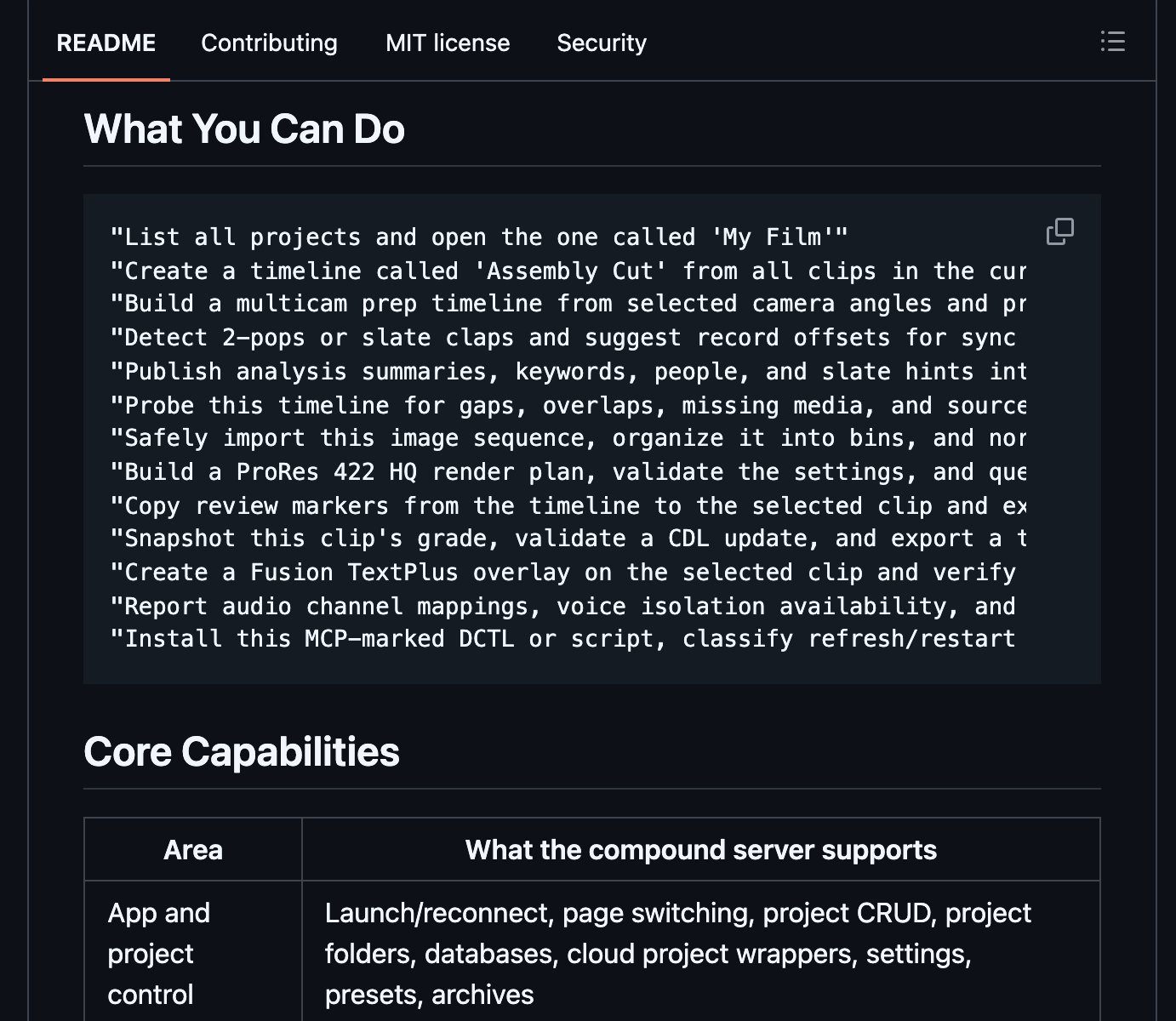 The What You Can Do list in the repo README: example requests like creating a timeline, building a render plan and snapshotting a grade
