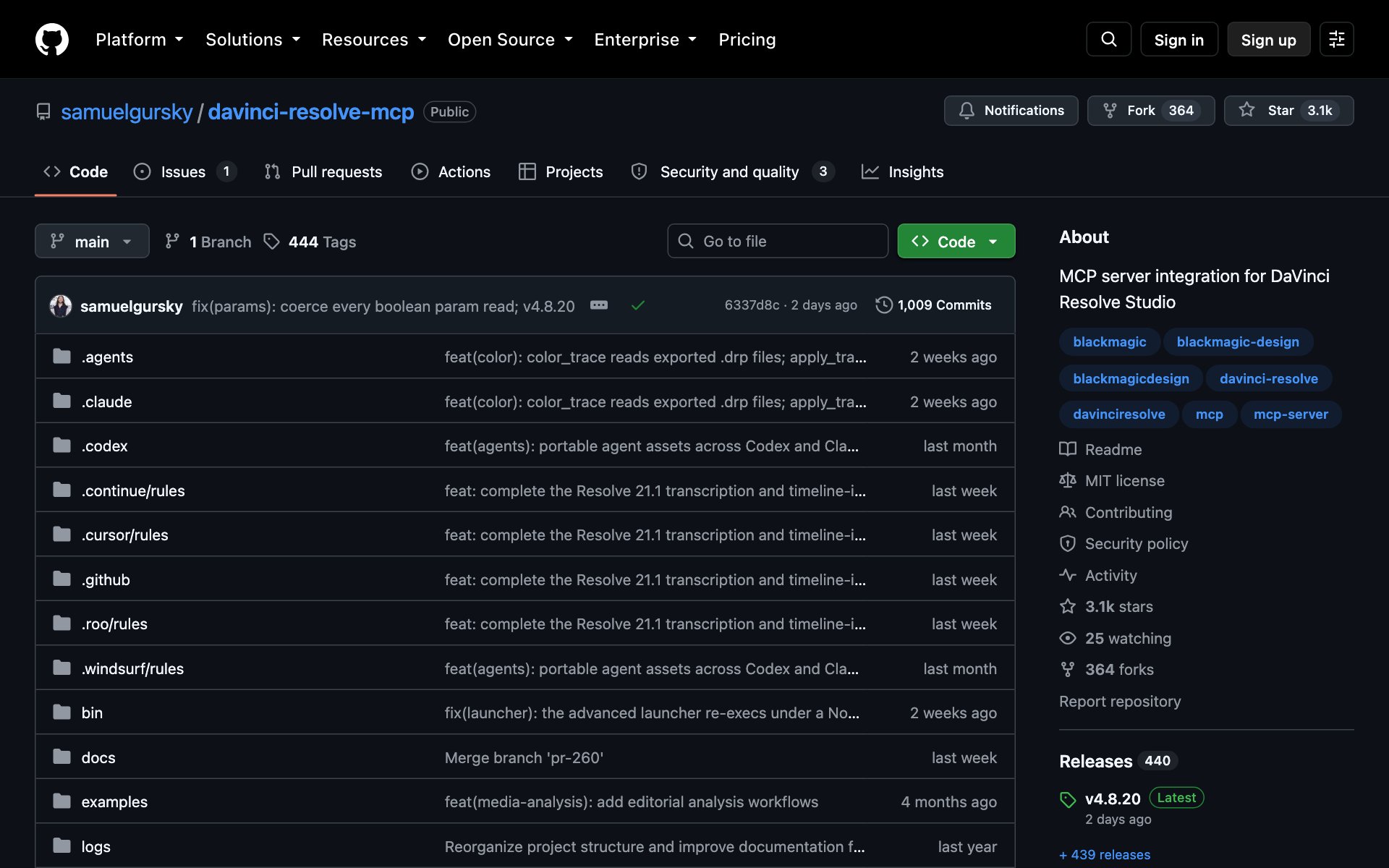 The davinci-resolve-mcp page on GitHub by samuelgursky, with 3.1k stars and 364 forks