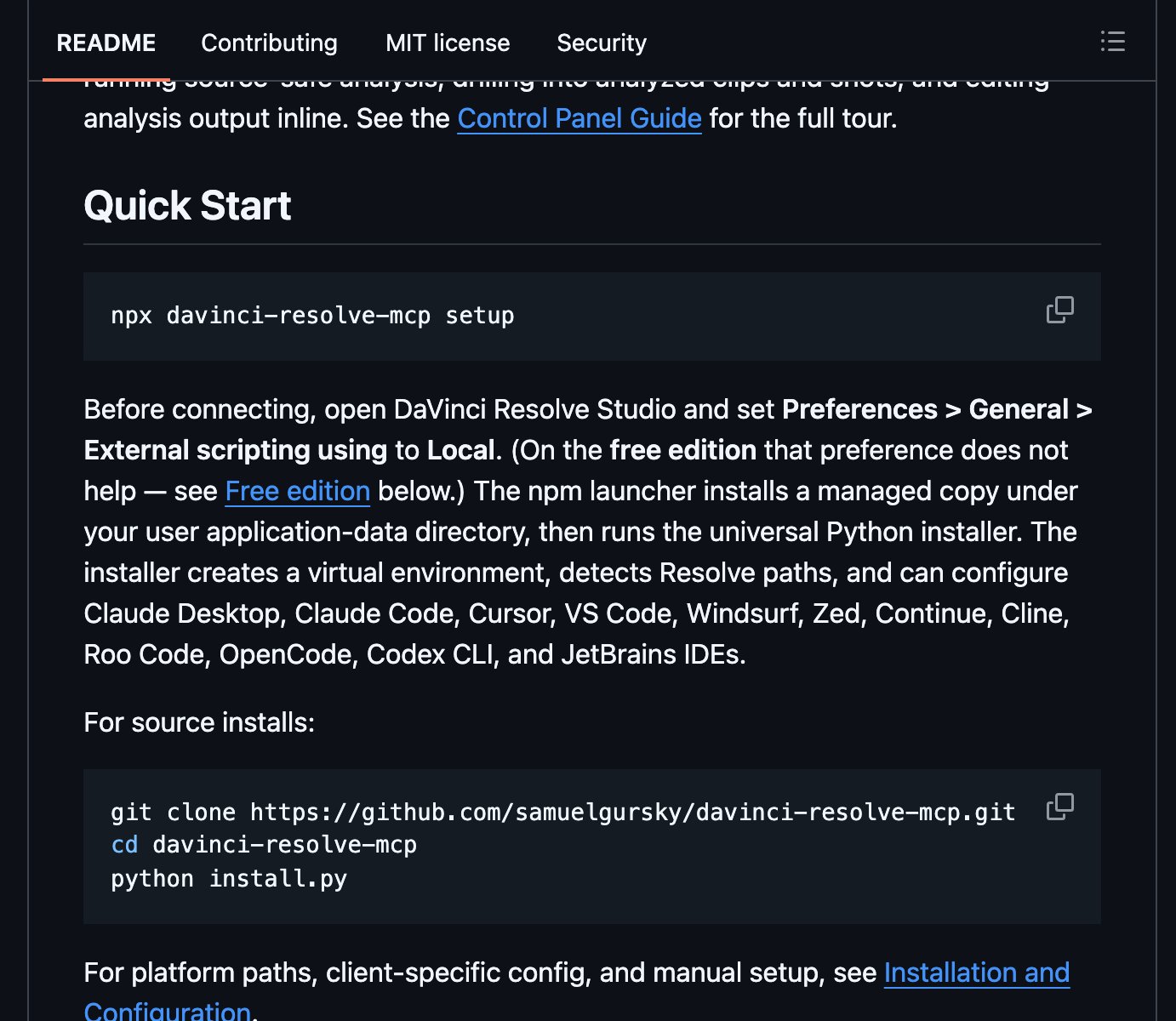 The Quick Start section of the README with the npx setup command and the External scripting using Local instruction
