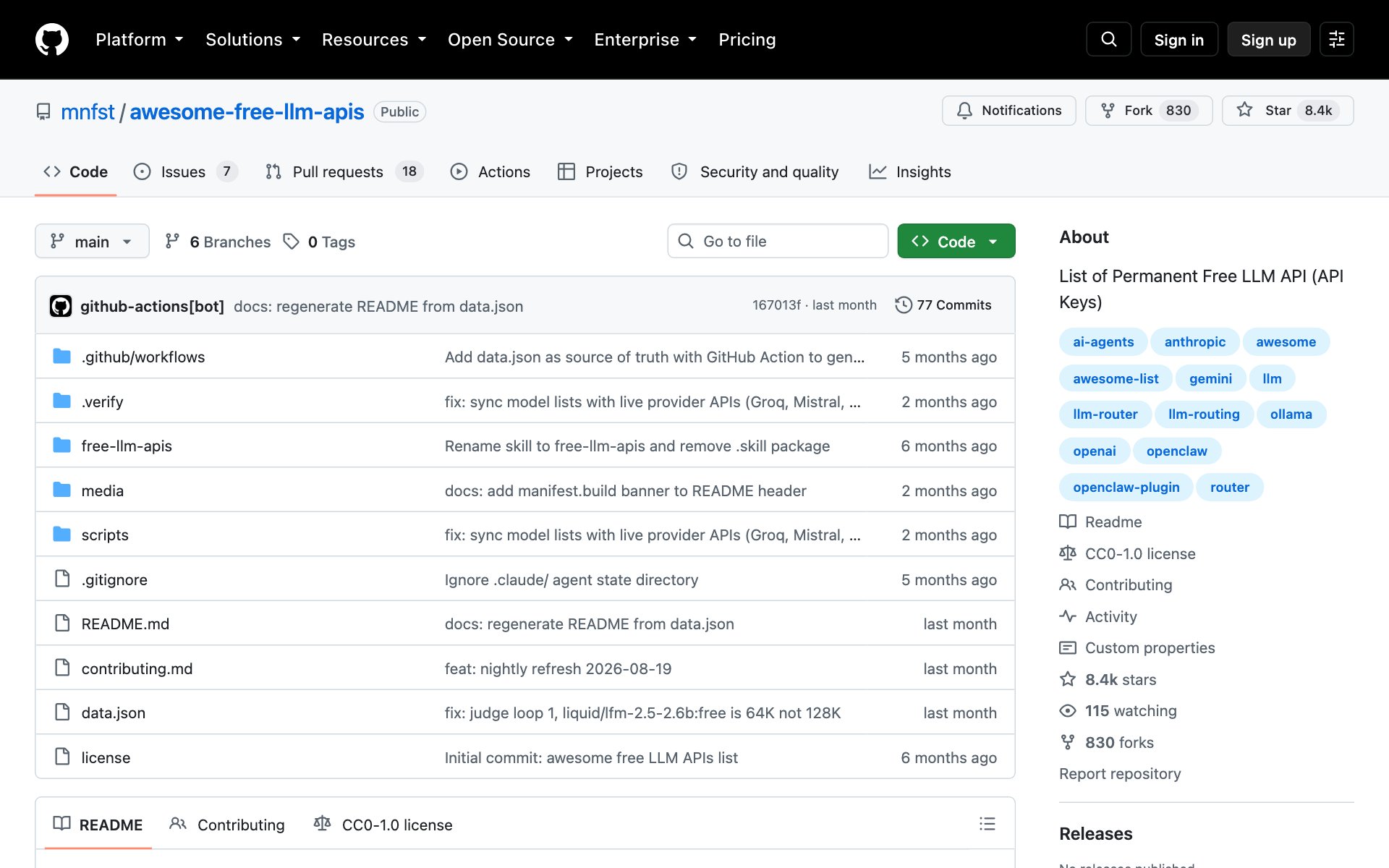 The Awesome Free LLM APIs repo on GitHub with its list of free AI providers