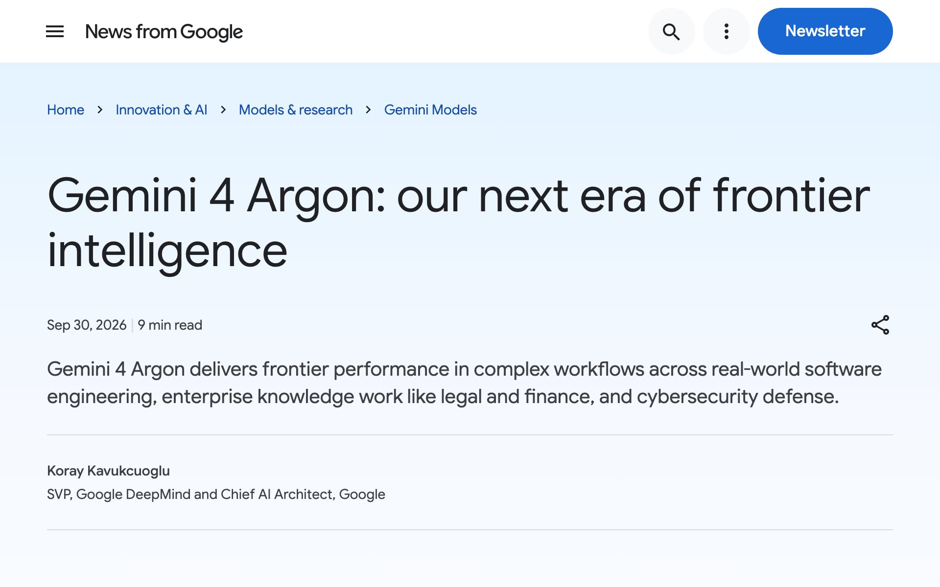 Google's announcement page for Gemini 4 Argon