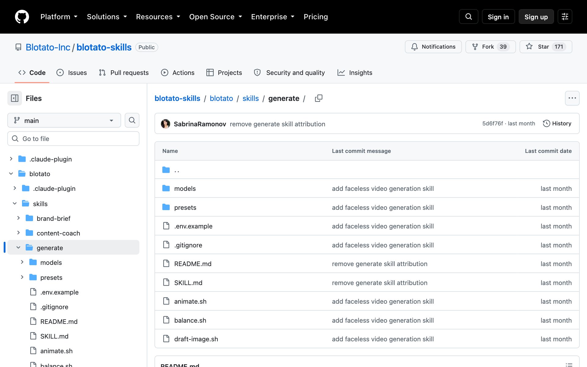 The generate skill folder on GitHub with models, presets and the .env.example file