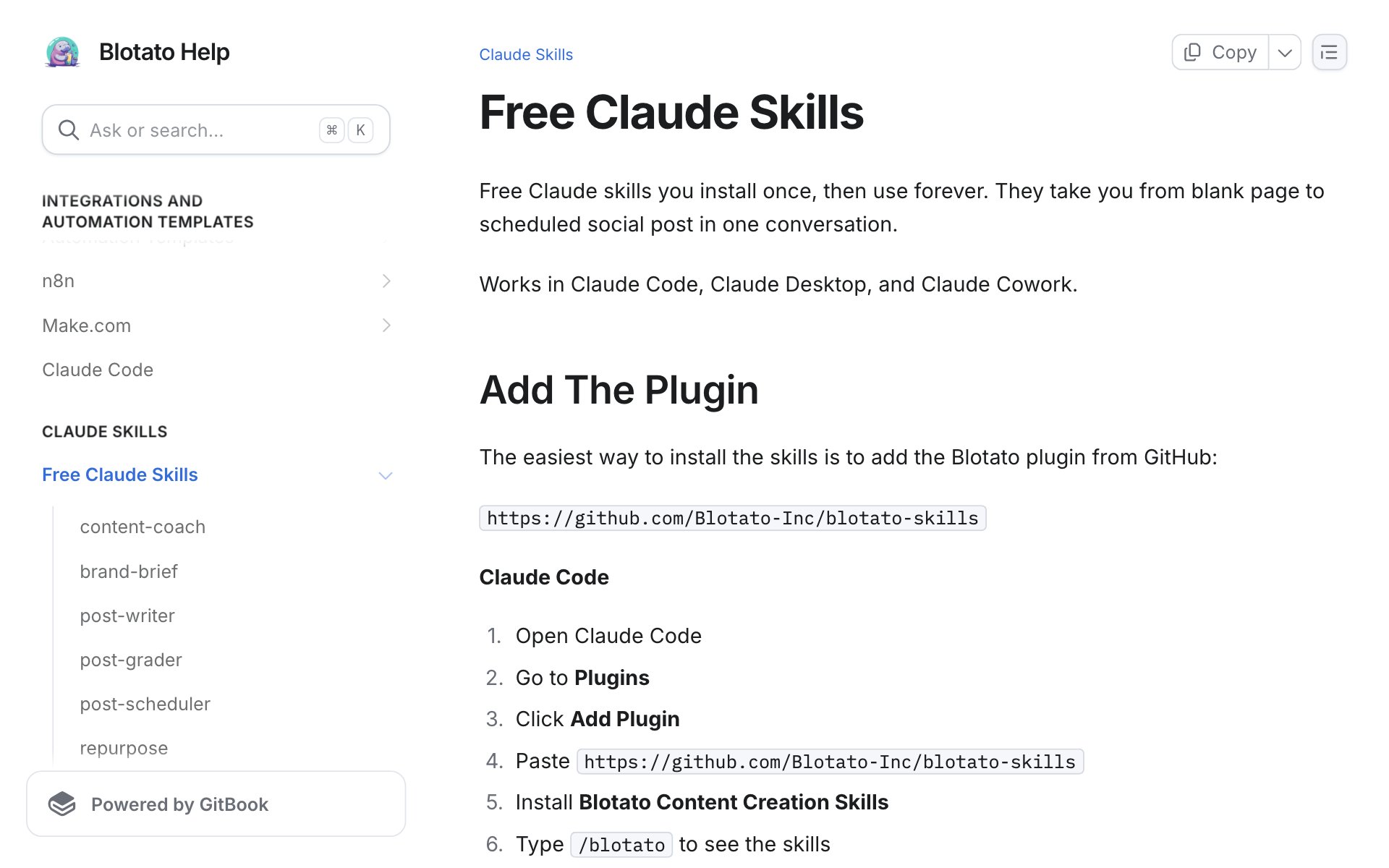 Blotato's help page showing the Add The Plugin steps