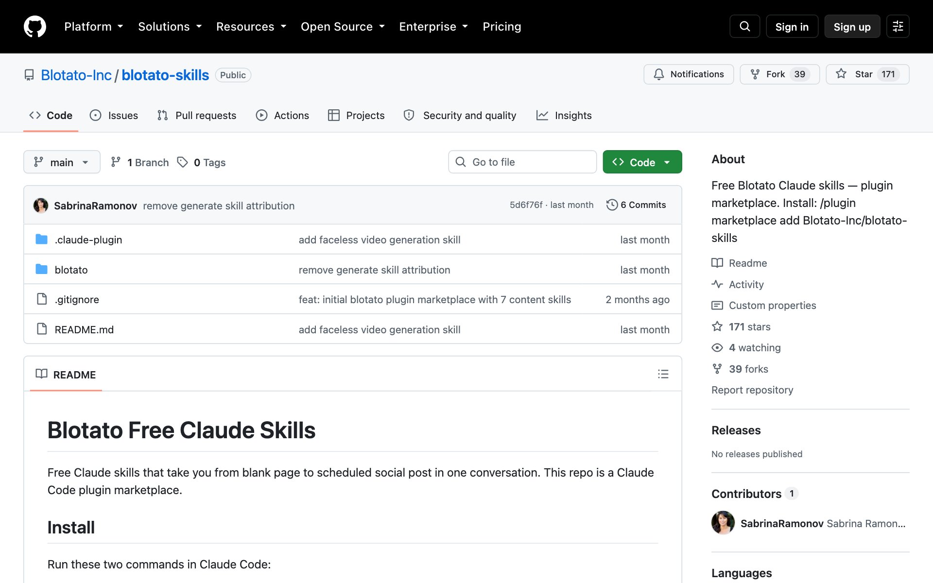 The Blotato-Inc/blotato-skills GitHub page with the list of free skills