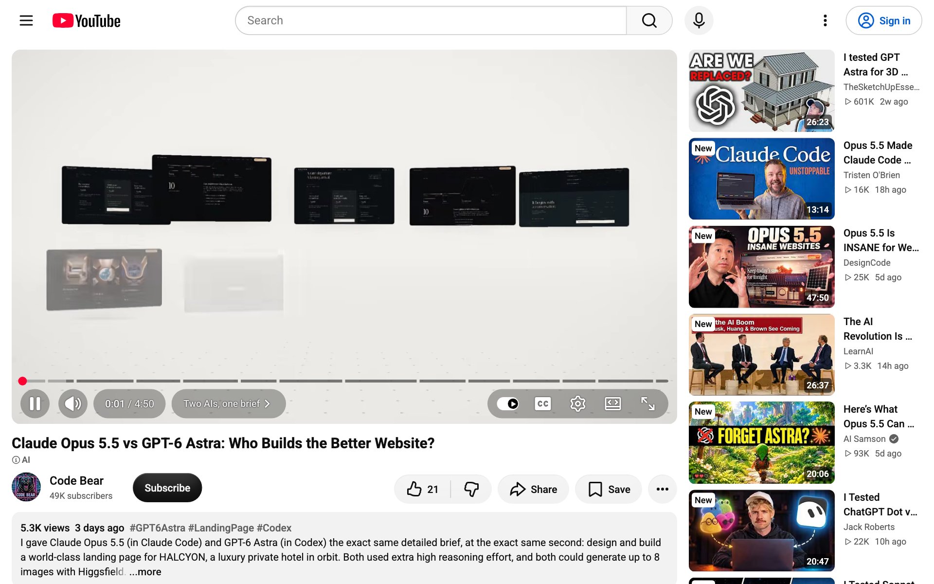 Code Bear's YouTube video comparing Claude Opus 5.5 and GPT-6 Astra on the same website