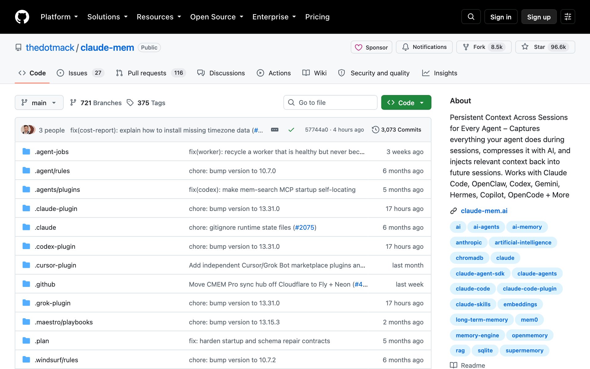 The Claude-Mem page on GitHub with its star count and description