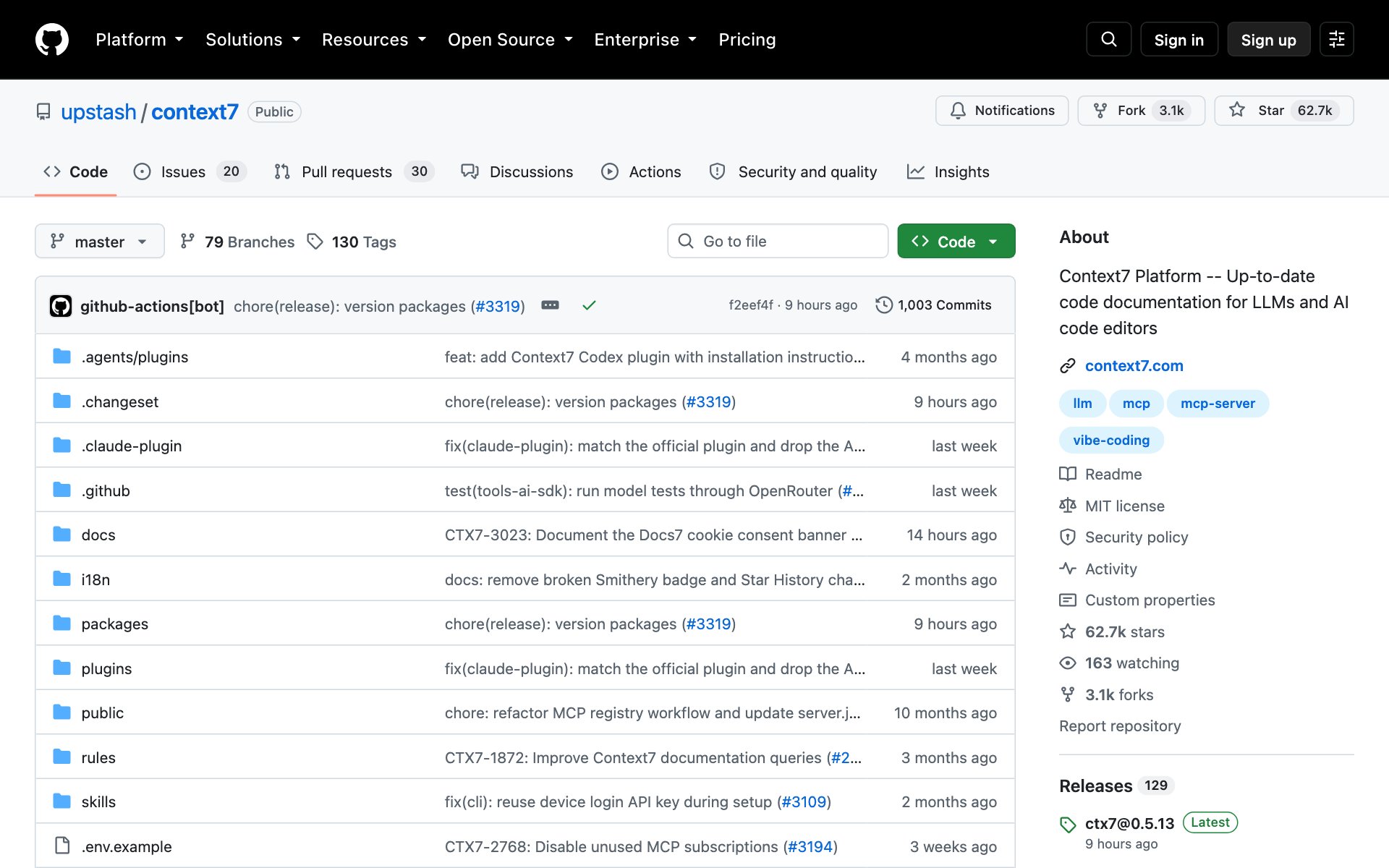 The Context7 page on GitHub: up-to-date code docs for any prompt