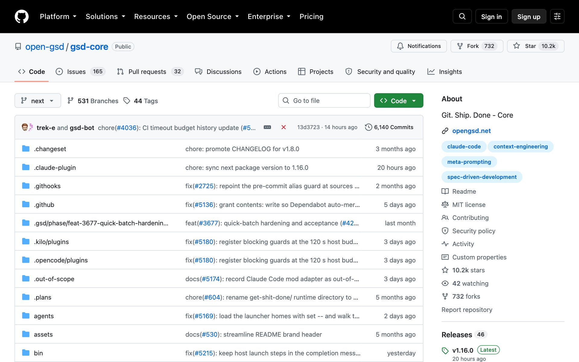 The GSD Core page on GitHub with its description and install command