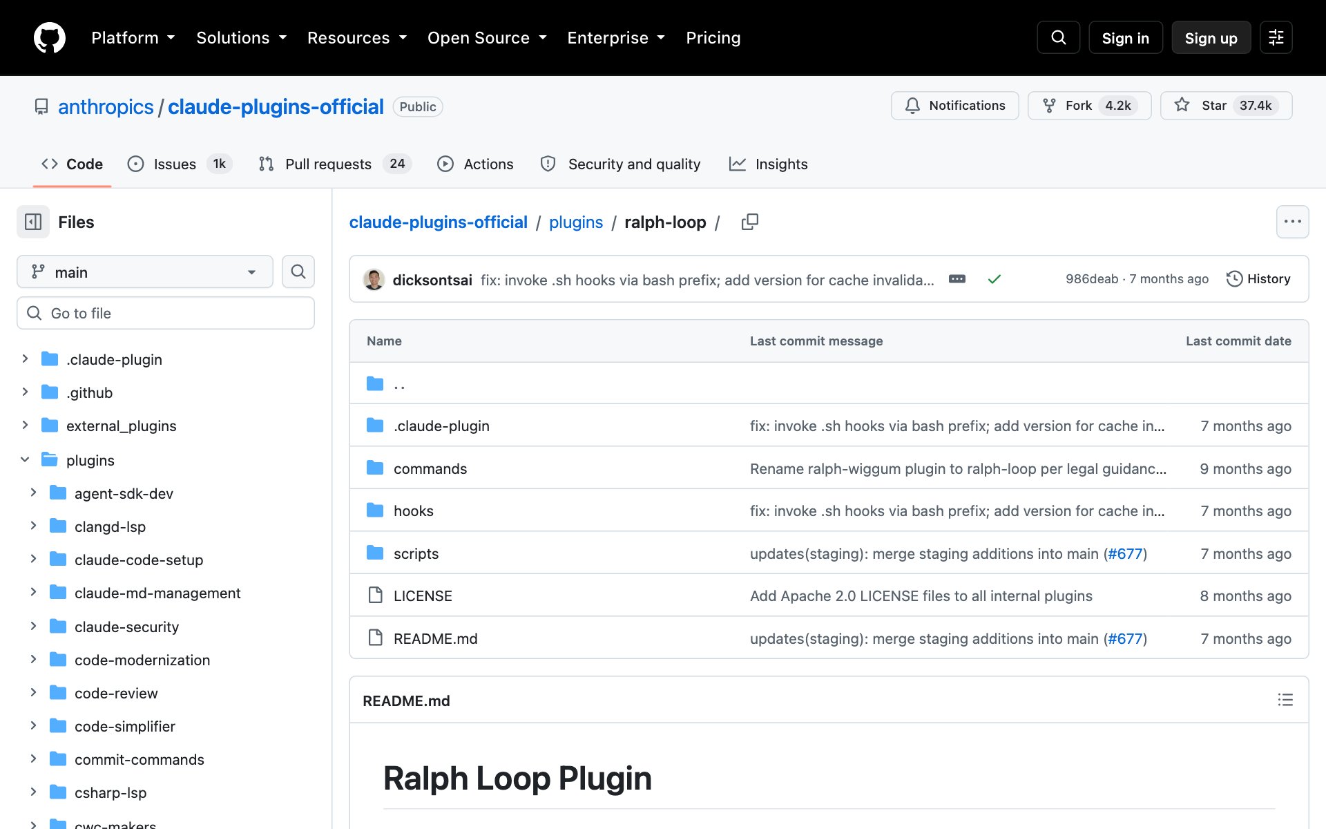 The Ralph Loop plugin page in Anthropic's official plugins repository on GitHub