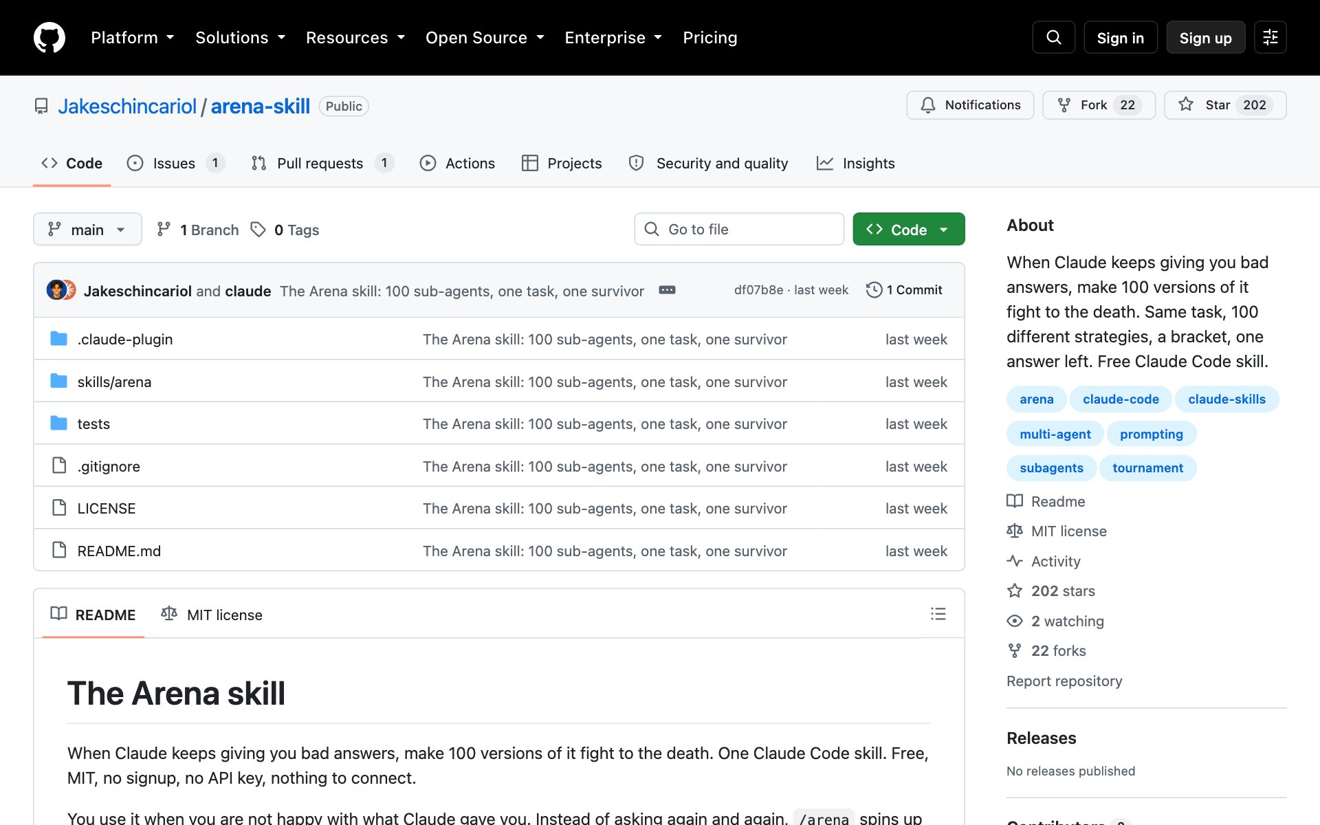 The Arena skill repo on GitHub with its README