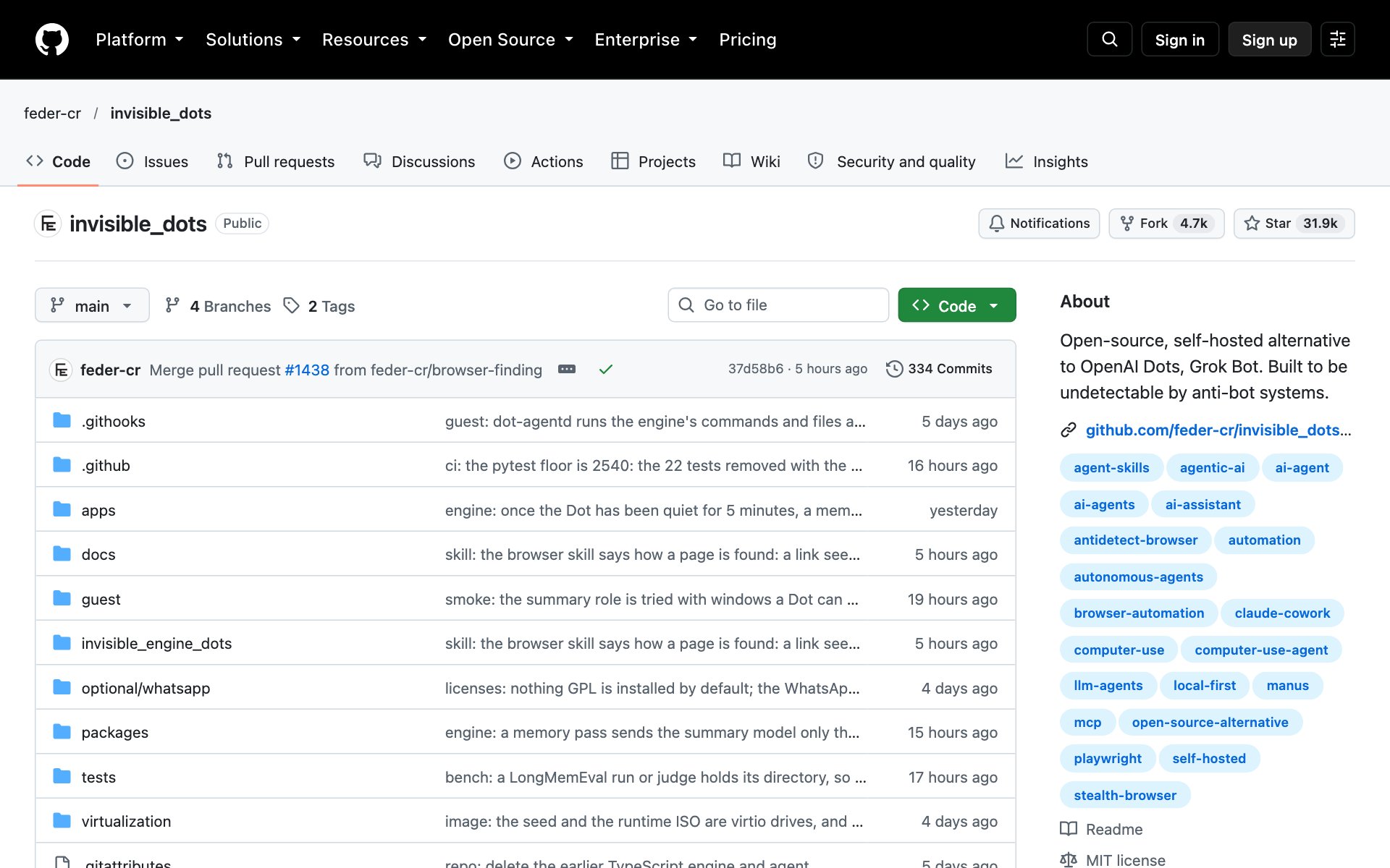 The Invisible Dots repository page on GitHub with its description and Quickstart