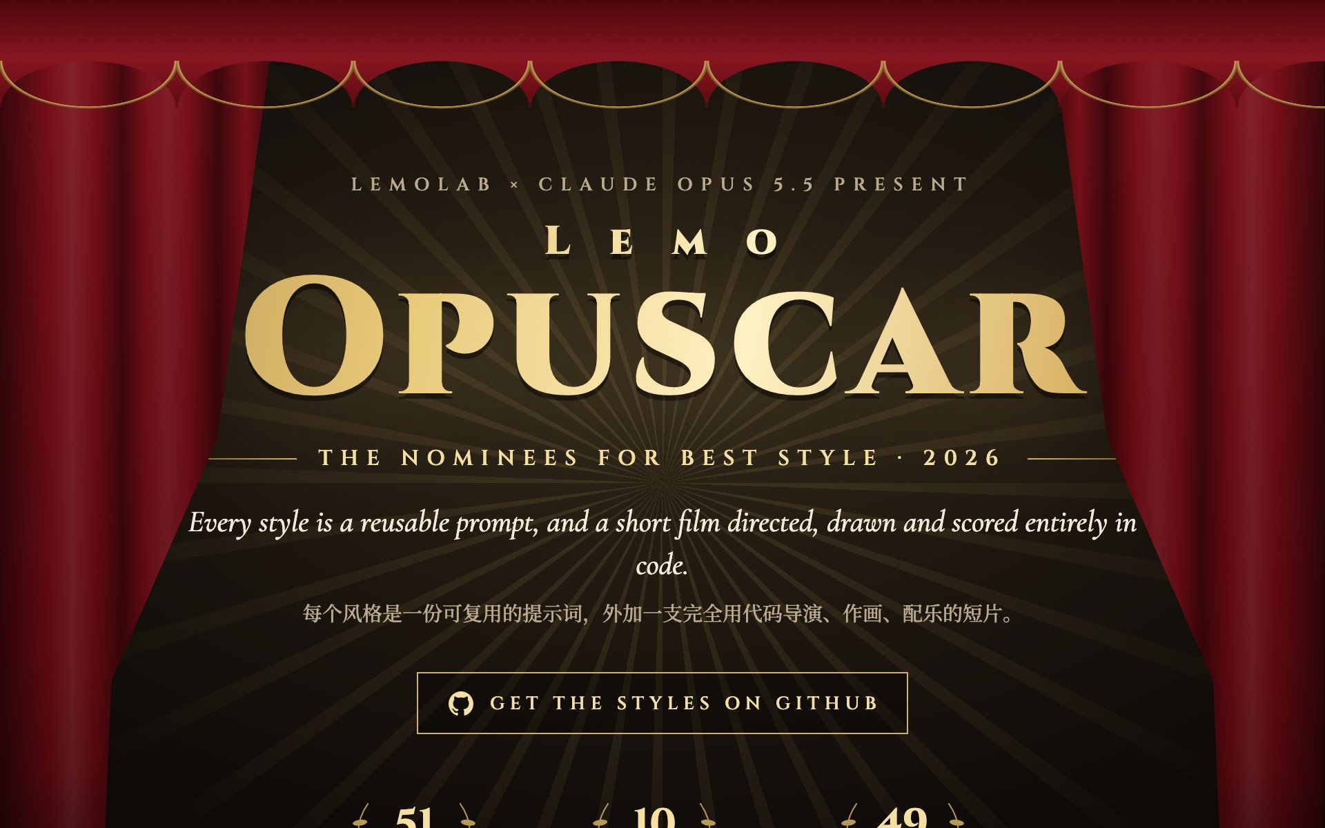 The Lemo Opuscar gallery page with the demo films for all 51 styles