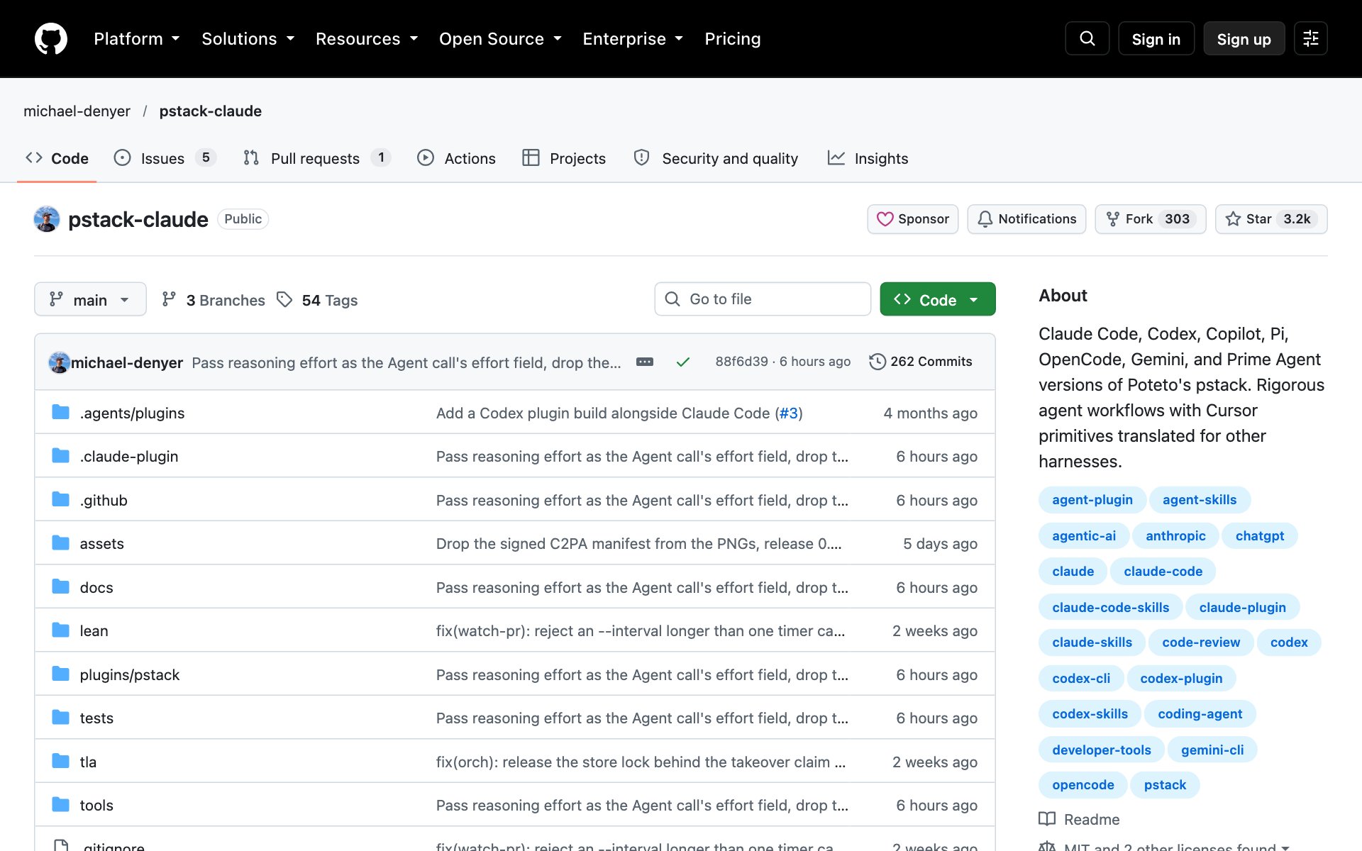 The pstack-claude GitHub page showing its description, stars and forks