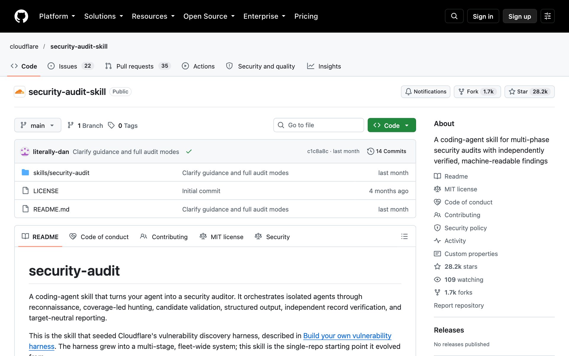 The cloudflare/security-audit-skill GitHub page showing the description, MIT license and about 28,000 stars
