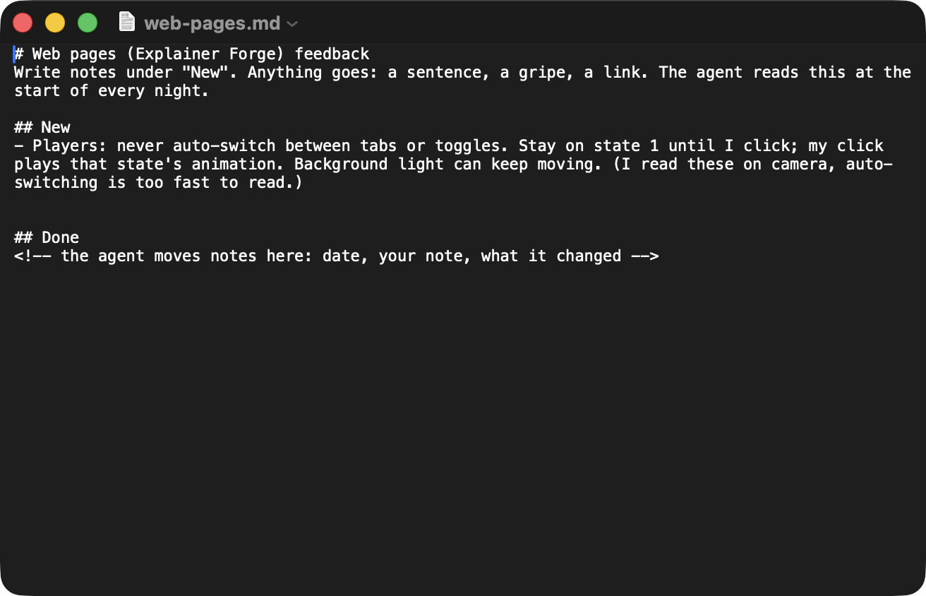 A plain text feedback file in TextEdit with one note under New and an empty Done section