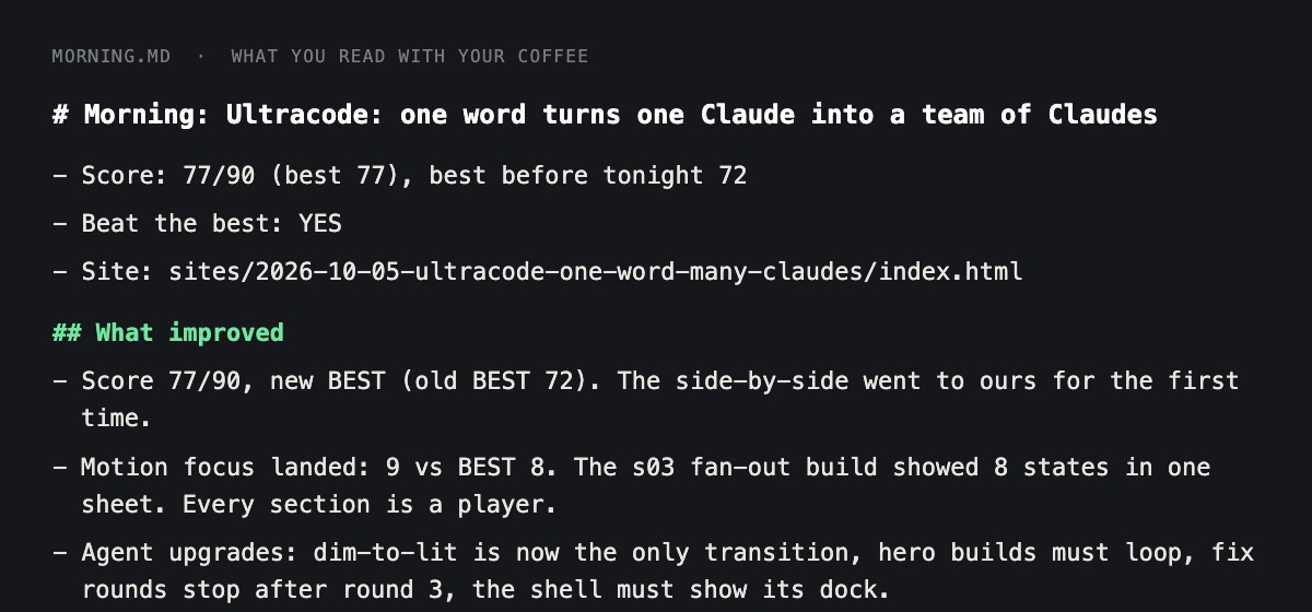 A MORNING.md file showing the score, whether it beat the best, and what improved