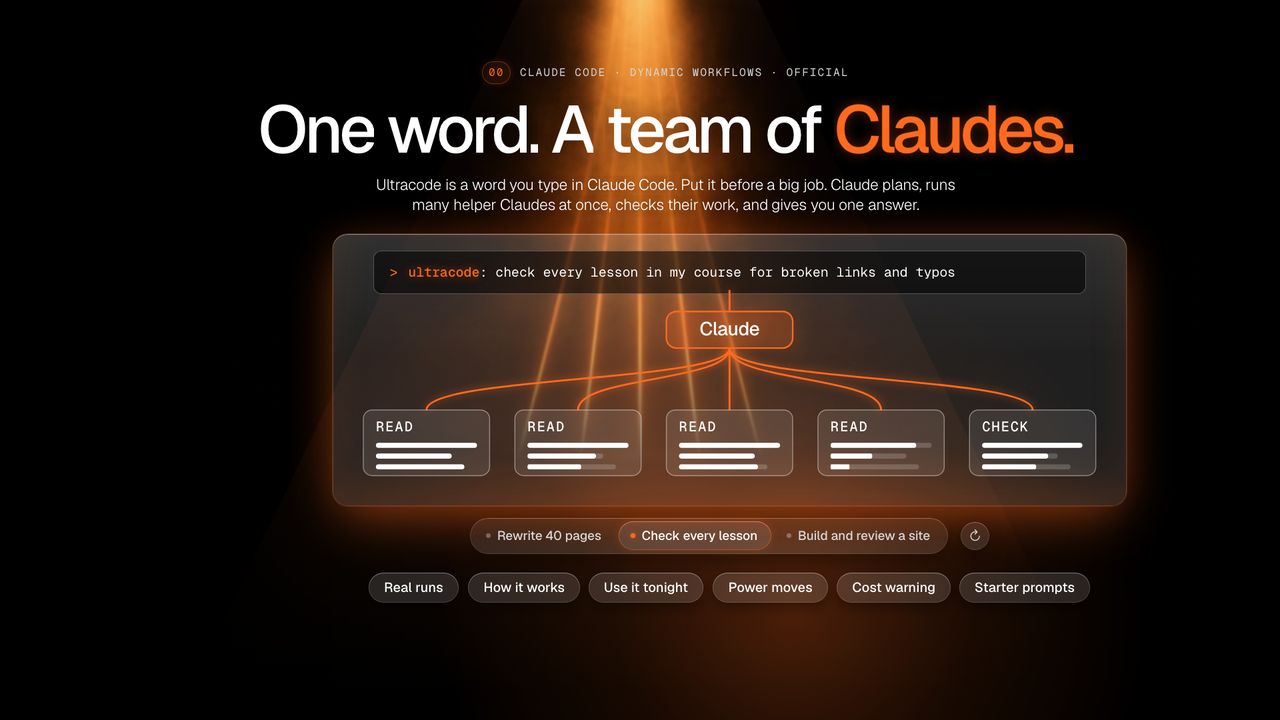 The hero of the night 3 web page, Ultracode, with a glowing orange headline and a fan-out diagram