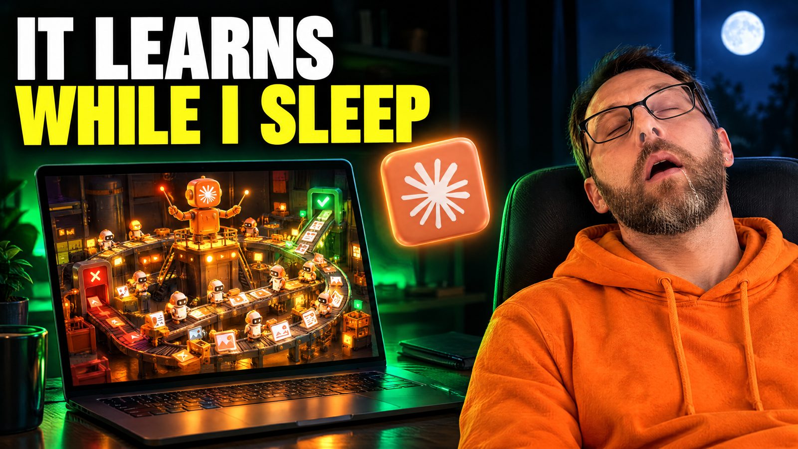 It learns while I sleep: Duncan asleep at his desk while a Claude robot runs a factory of AI agents on his laptop