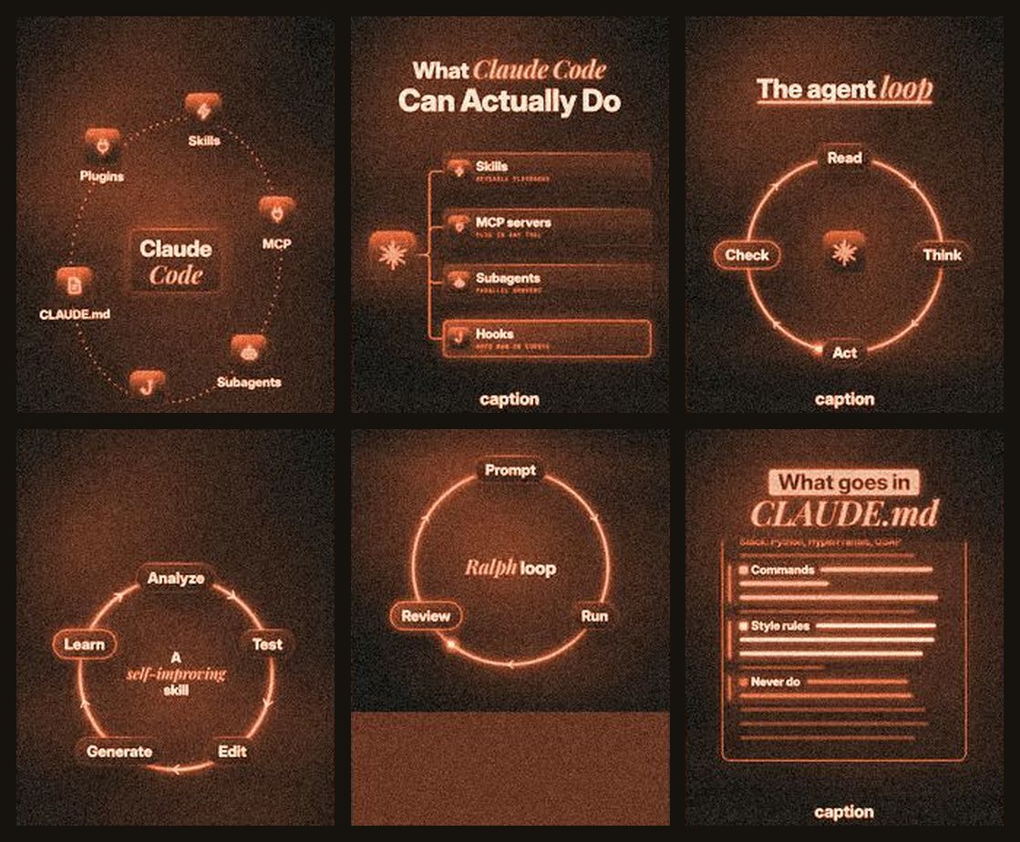 Six graphics from Duncan's motion library in a grid: a hub diagram, a list, an agent loop, a self-improving skill loop, a Ralph loop and a CLAUDE.md card