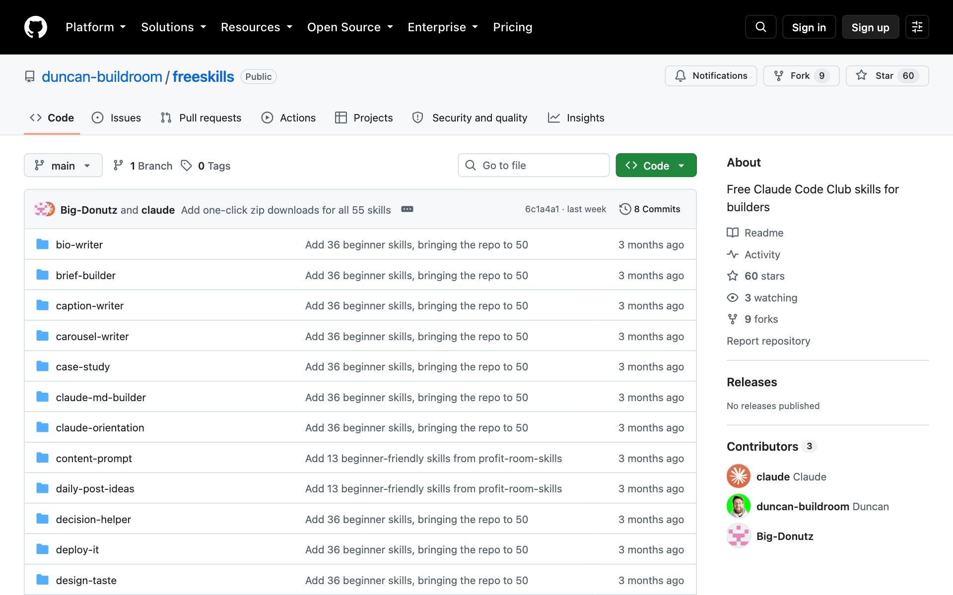 The freeskills repo on GitHub, a public collection of free Claude Code Club skills