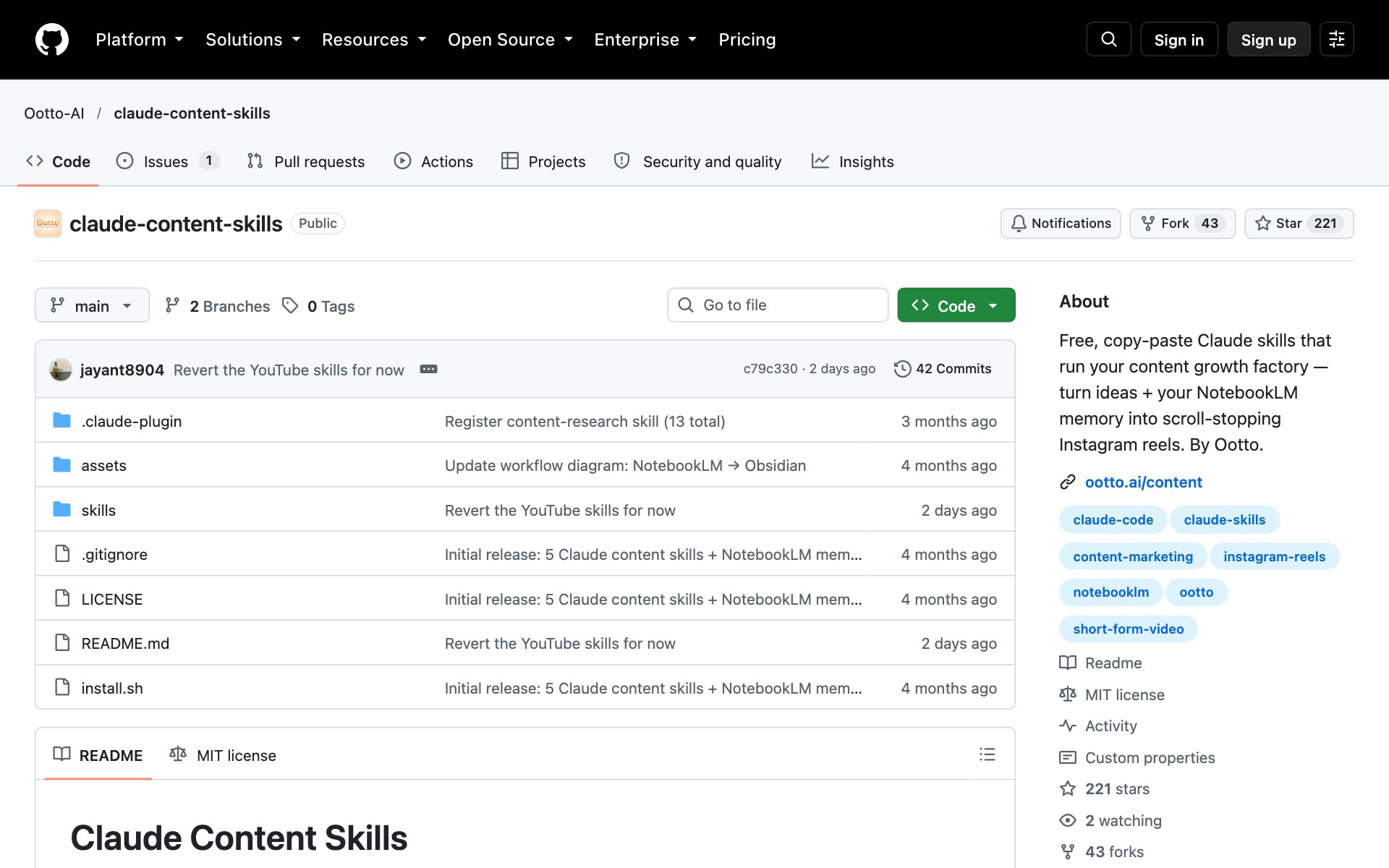 The Claude Content Skills GitHub page showing the repo name, the star count and the About box