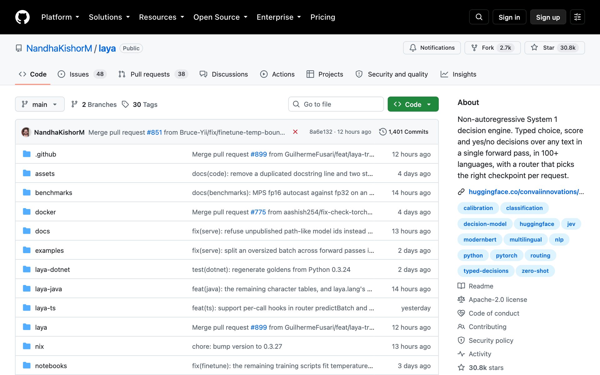 The Laya GitHub page showing the repo name, the star count and the About box