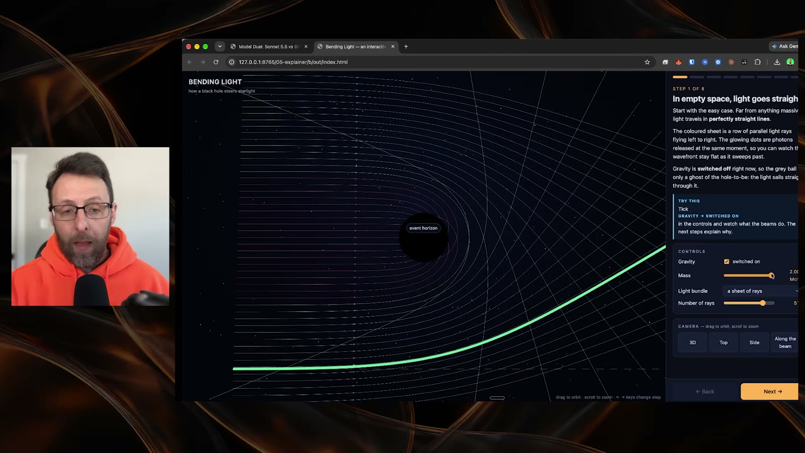 Interactive 3D explainer of a black hole bending light, with a green ray curving around an event horizon and controls on the right for gravity, mass and number of rays