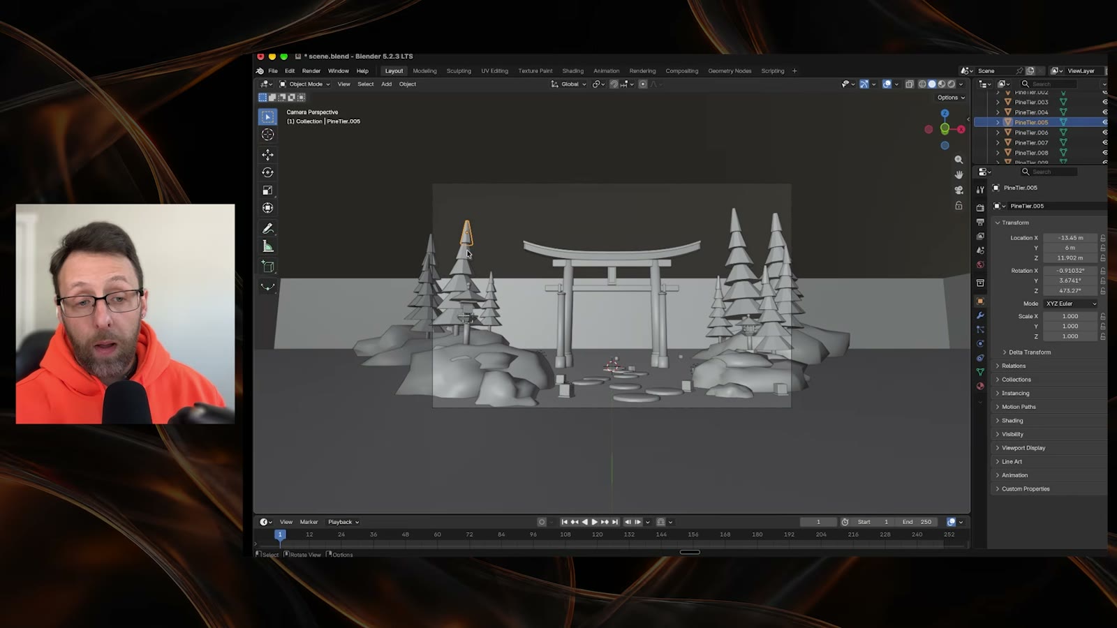 Blender window showing a grey scene of pine trees, rocks and a torii gate built from a Python script