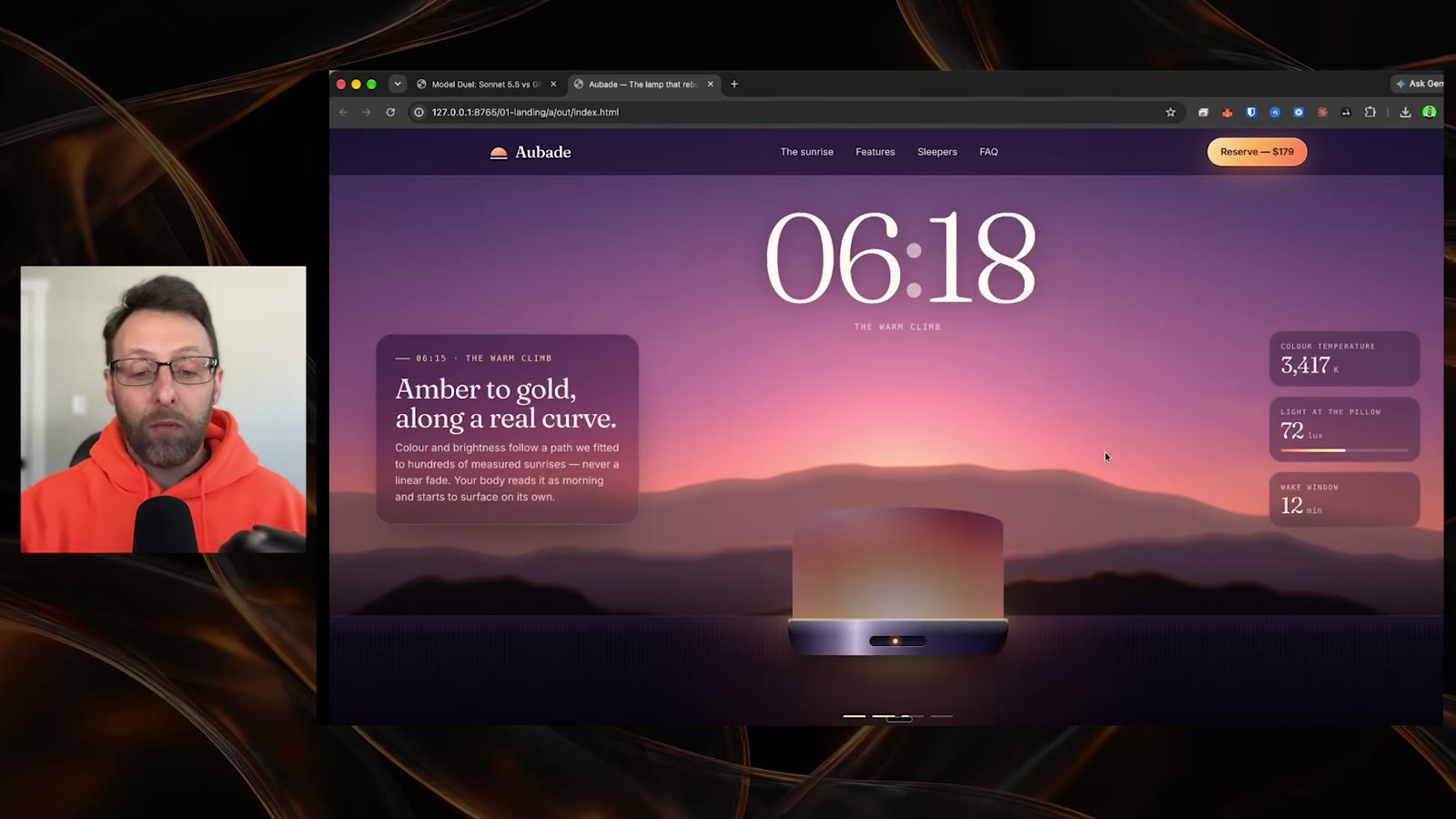 A scrolling landing page for a sunrise lamp, showing a large clock reading 06:18 over a purple and orange sky