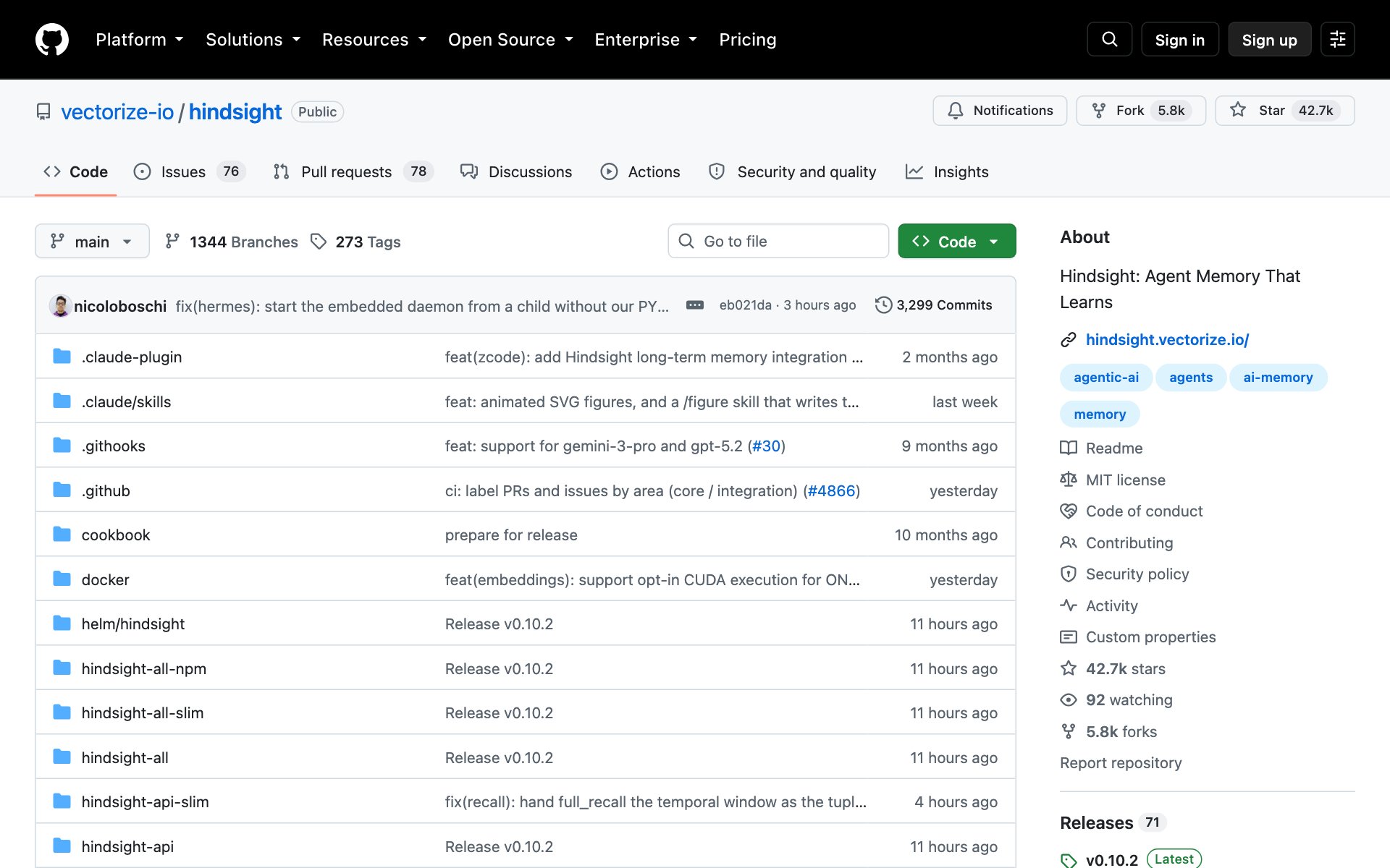 The Hindsight repo on GitHub, with the description Agent Memory That Learns