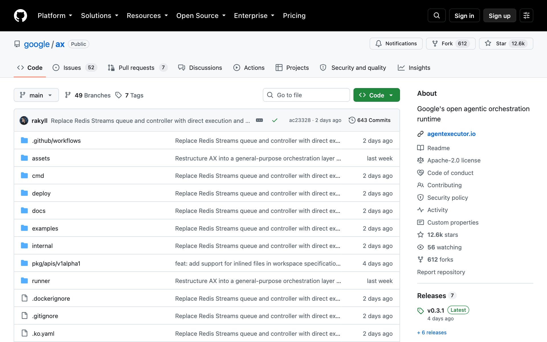 The AX repo by Google on GitHub, an open agentic orchestration runtime