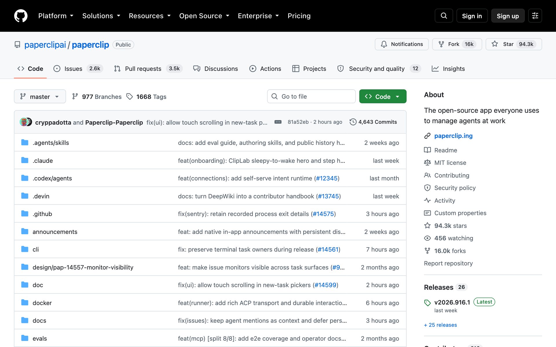 The Paperclip repo on GitHub, the open source app to manage agents at work